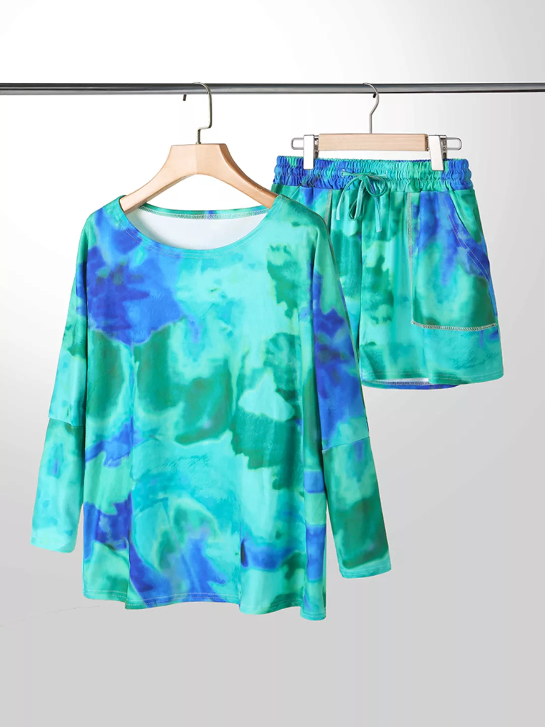 Plus Größe Damen Tie-Dye-Print Baumwolle Langarm Kordelzug Shorts Pyjama-Se günstig online kaufen
