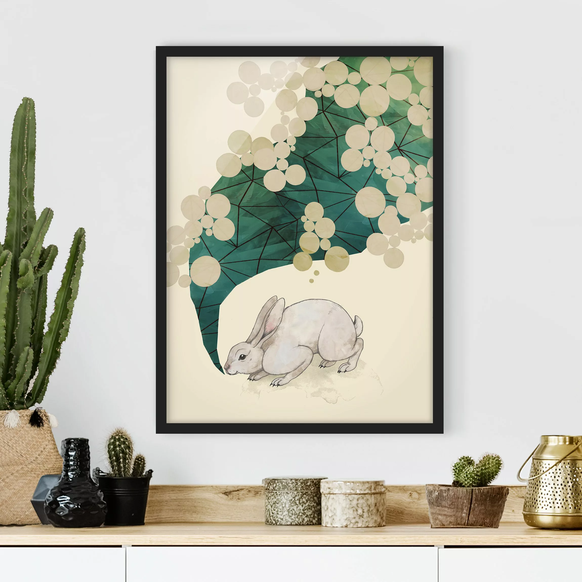 Bild mit Rahmen Tiere - Hochformat Illustration Hase mit Punkten und Dreiec günstig online kaufen