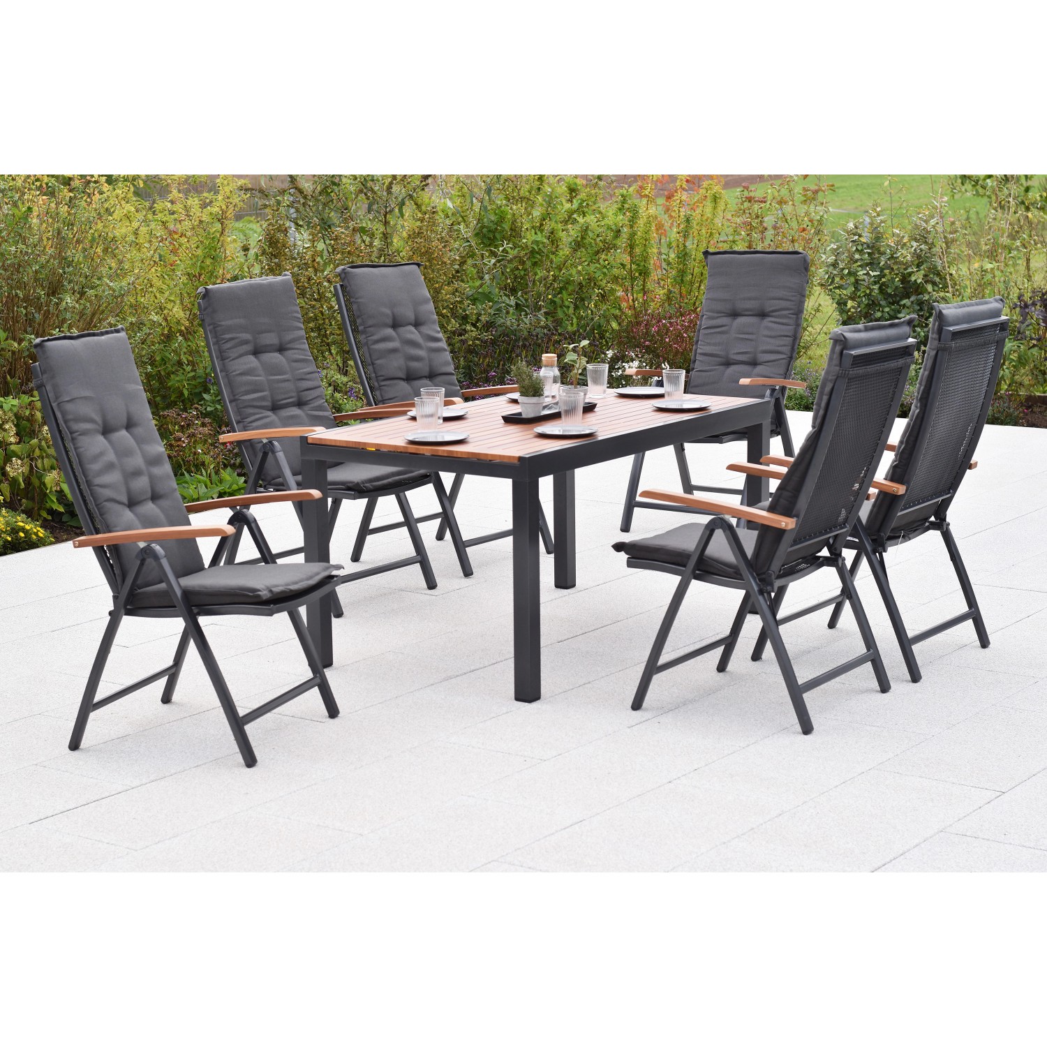 Merxx Thasos Set 13-tlg. 6 Klappsessel 6 Auflagen Gartentisch 150(200)x90 c günstig online kaufen