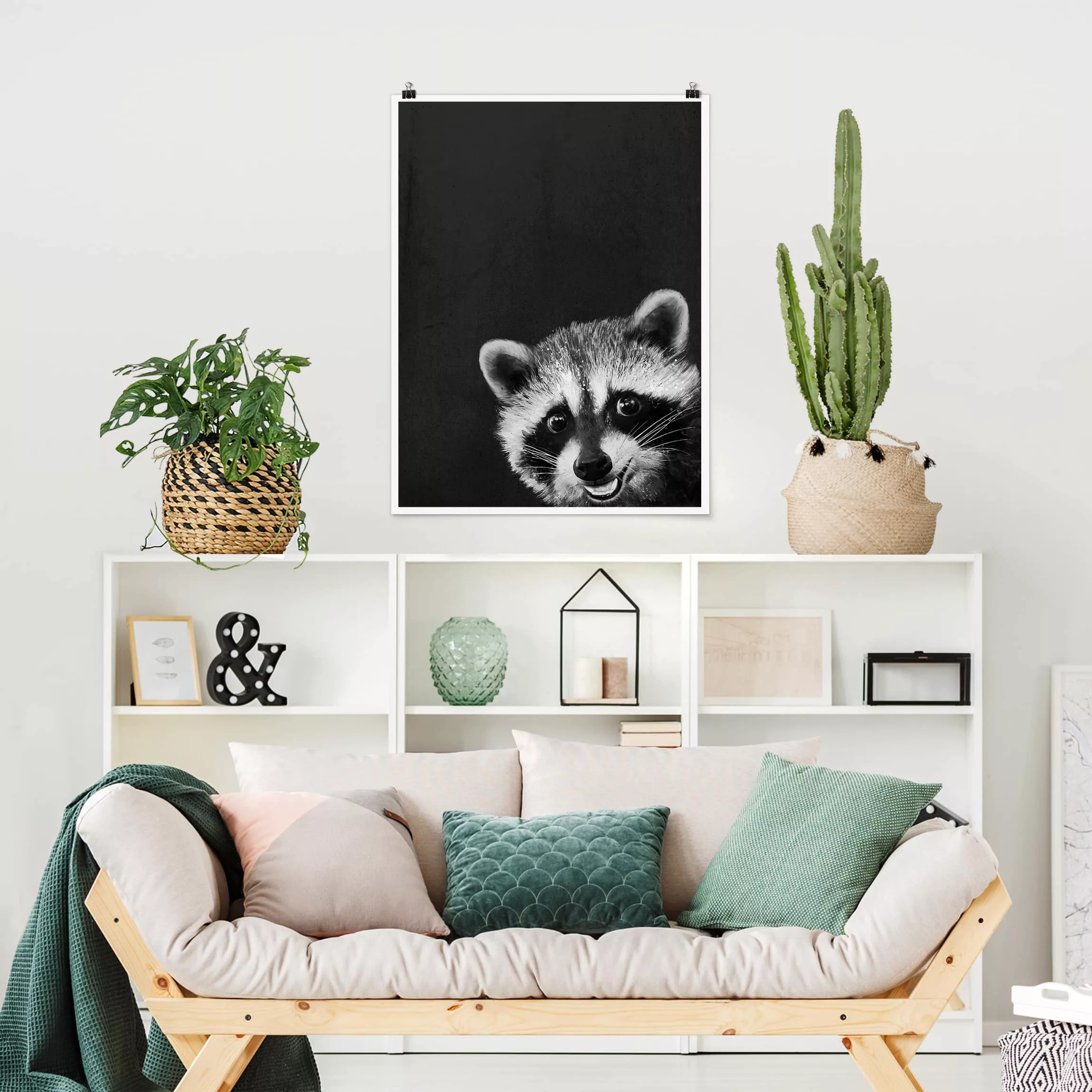 Poster - Hochformat Illustration Waschbär Schwarz Weiß Malerei günstig online kaufen