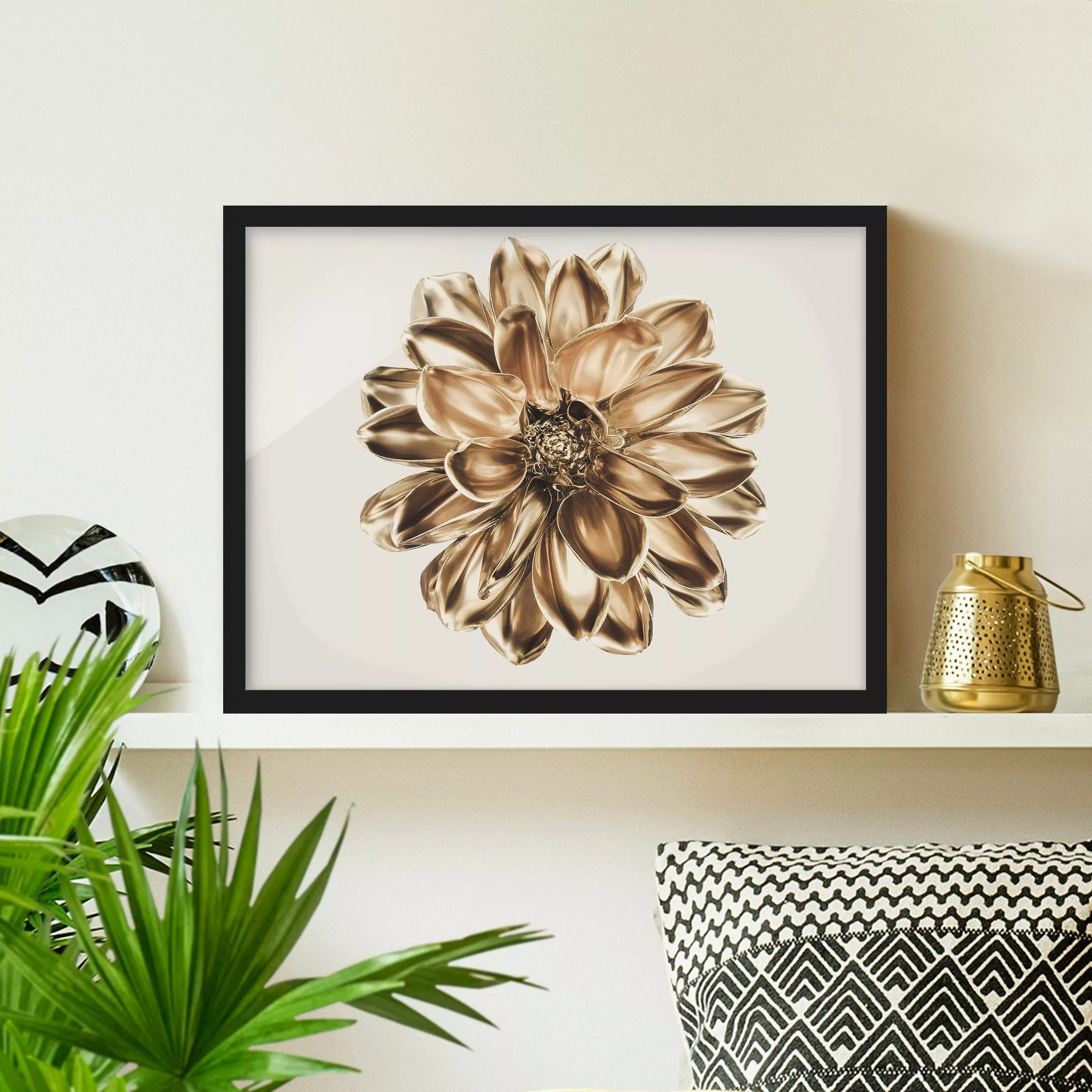 Bild mit Rahmen Dahlie Blume Gold Metallic günstig online kaufen