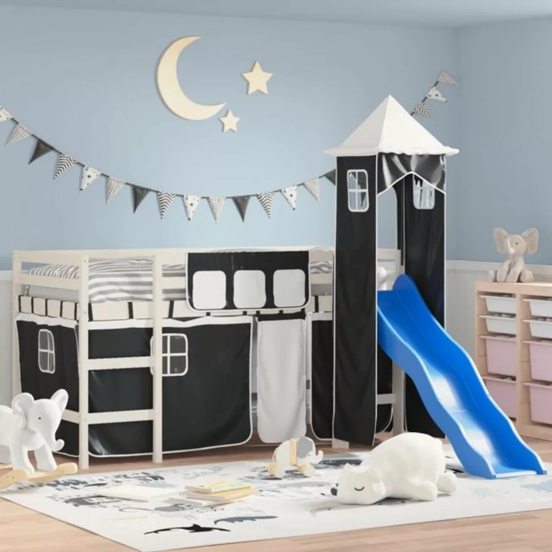 vidaXL Kinderbett Kinderhochbett mit Turm Weiß Schwarz 90x190 cm Kiefernhol günstig online kaufen