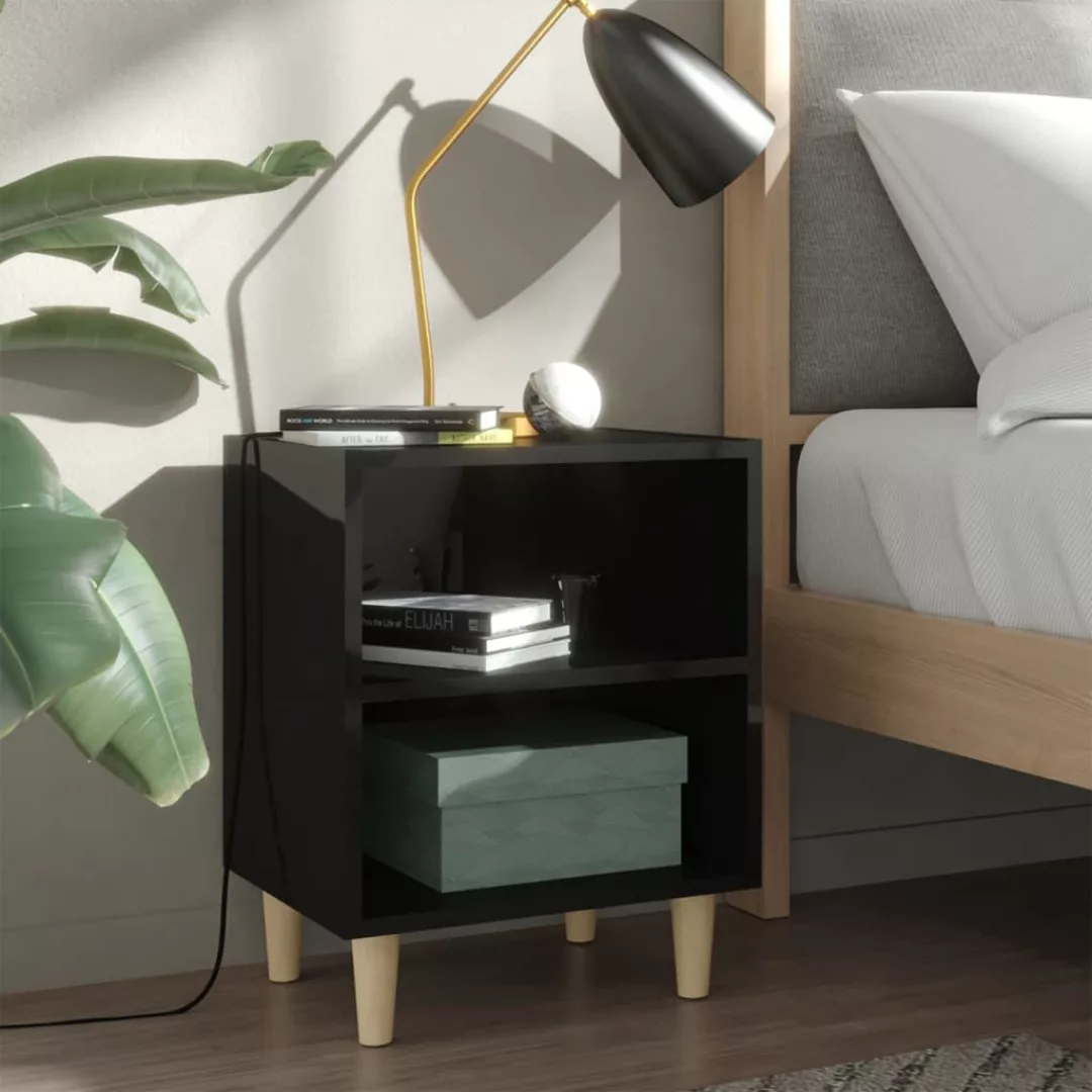 Nachttisch Mit Massivholz-beinen Hochglanz-schwarz 40x30x50 Cm günstig online kaufen