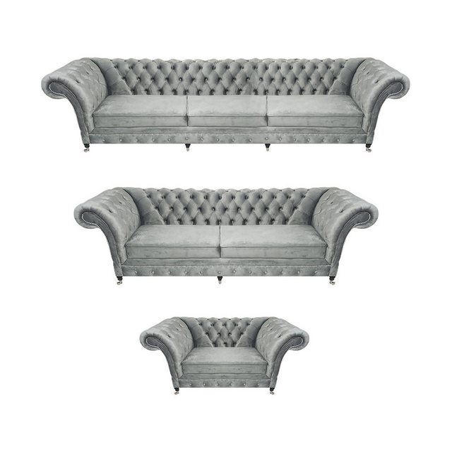 JVmoebel Chesterfield-Sofa Grau Luxus Wohnzimmer Set 3tlg Textil Polstermöb günstig online kaufen