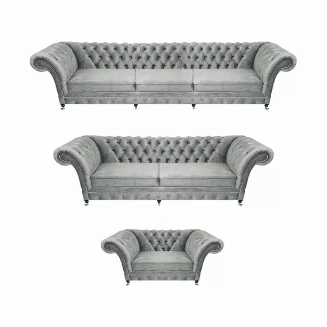 JVmoebel Chesterfield-Sofa Grau Luxus Wohnzimmer Set 3tlg Textil Polstermöb günstig online kaufen