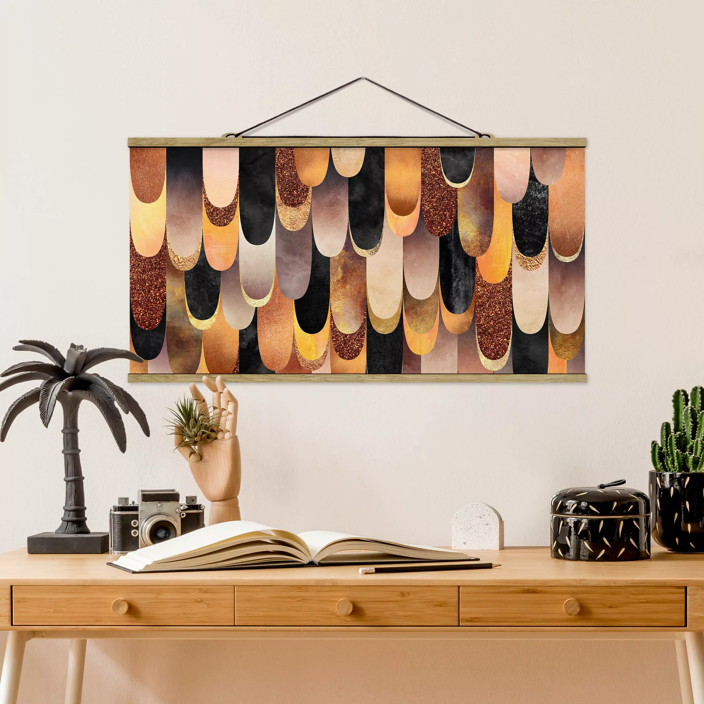 Stoffbild Abstrakt mit Posterleisten - Querformat Federn Bronze Schwarz günstig online kaufen