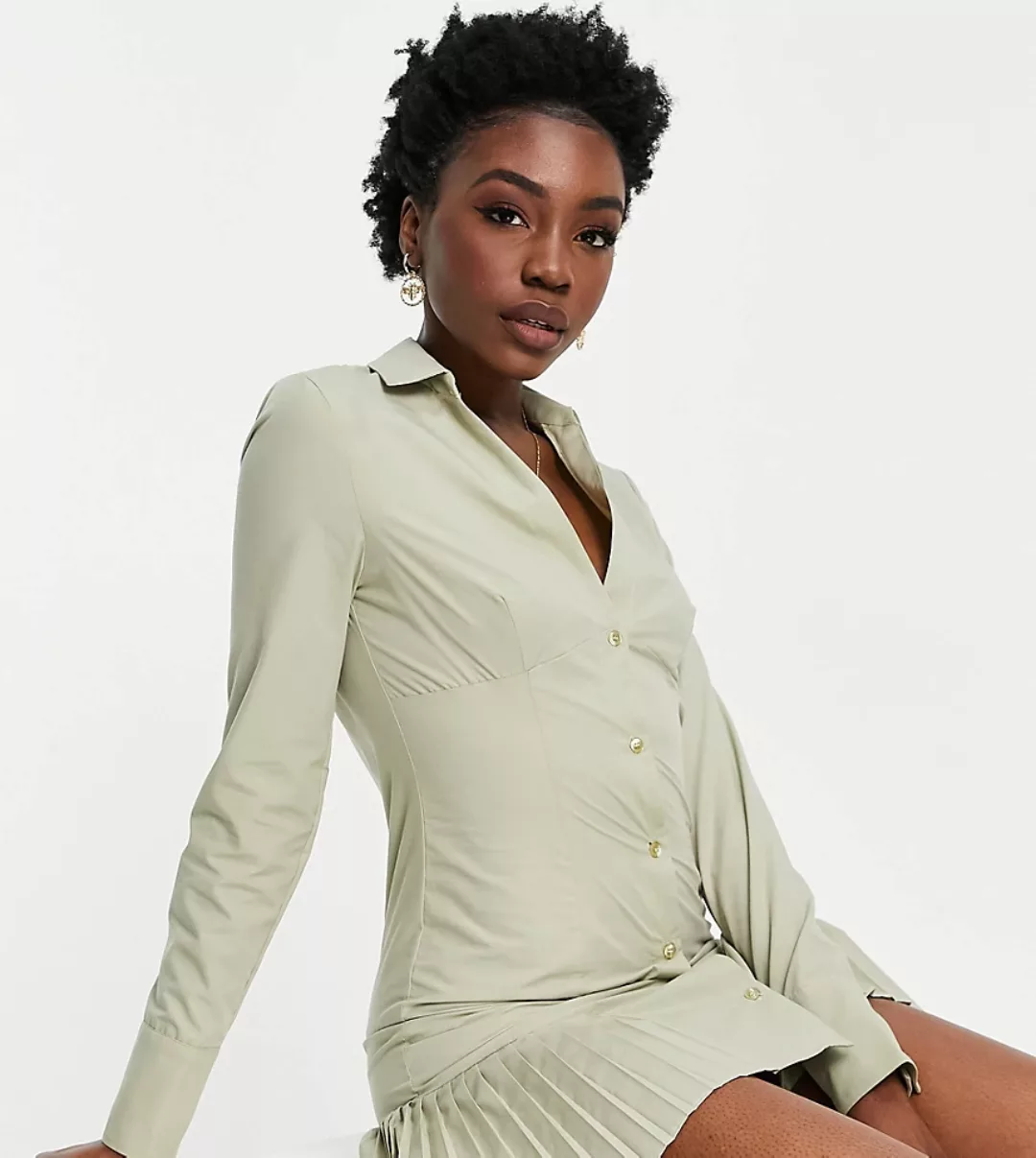 ASOS DESIGN Tall – Durchgeknöpftes Mini-Hemdkleid aus Baumwolle mit plissie günstig online kaufen