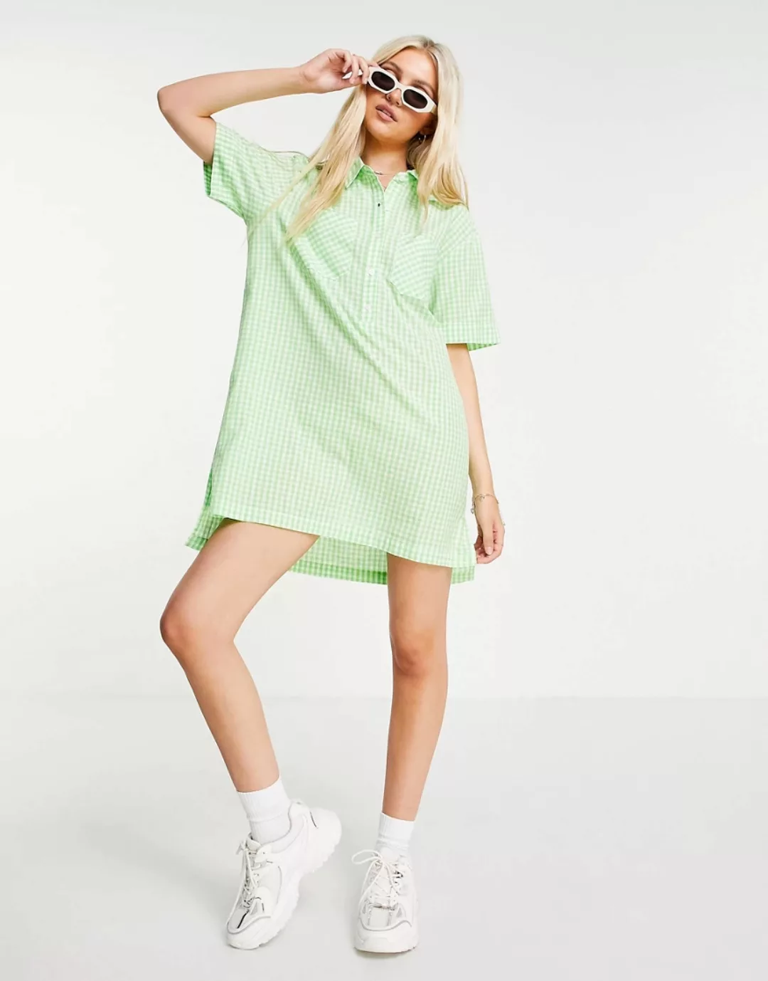 Wednesday's Girl – Kurzes Oversize-Hemdkleid mit Vichykaro in Pastell-Grün günstig online kaufen