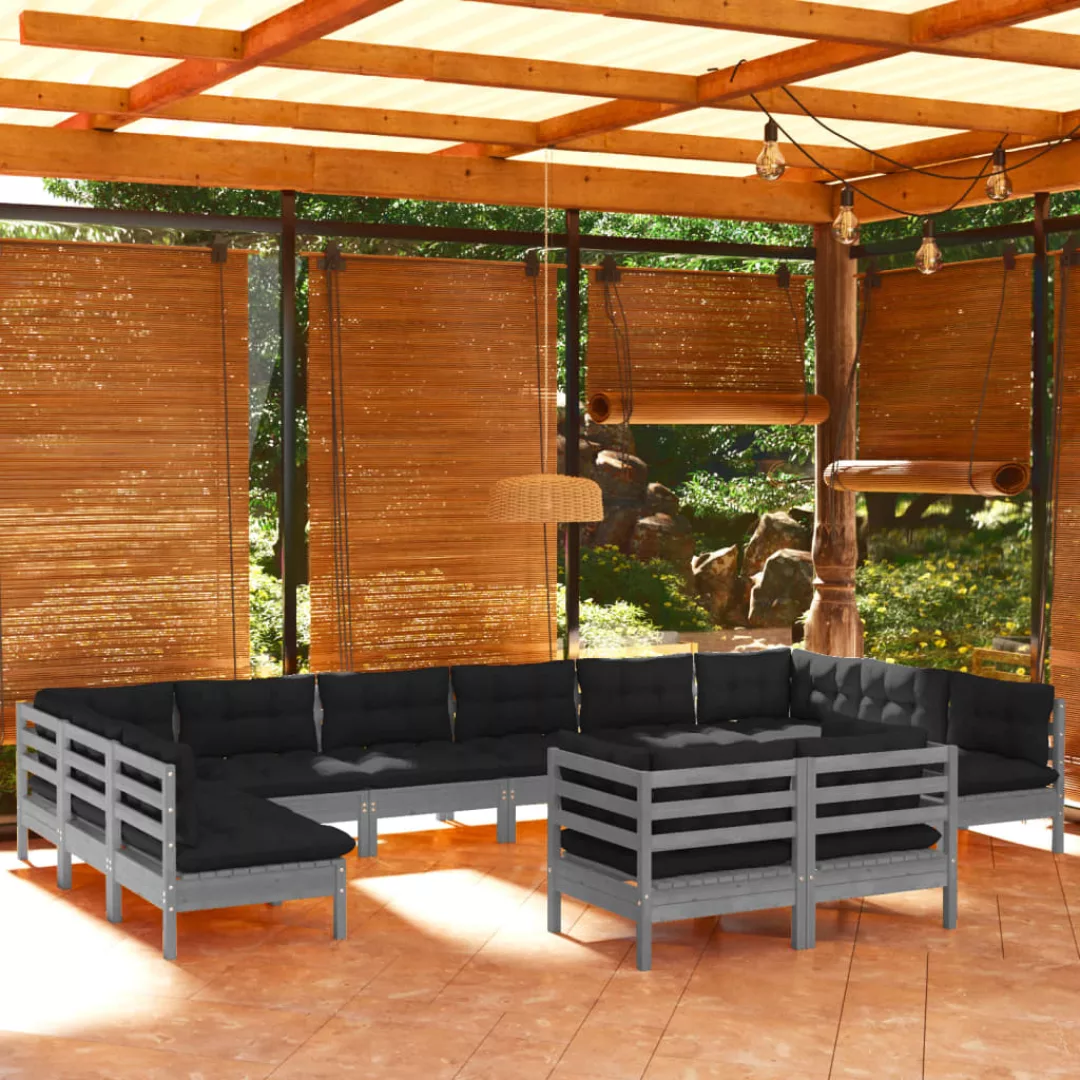 12-tlg. Garten-lounge-set Mit Kissen Grau Kiefer Massivholz günstig online kaufen