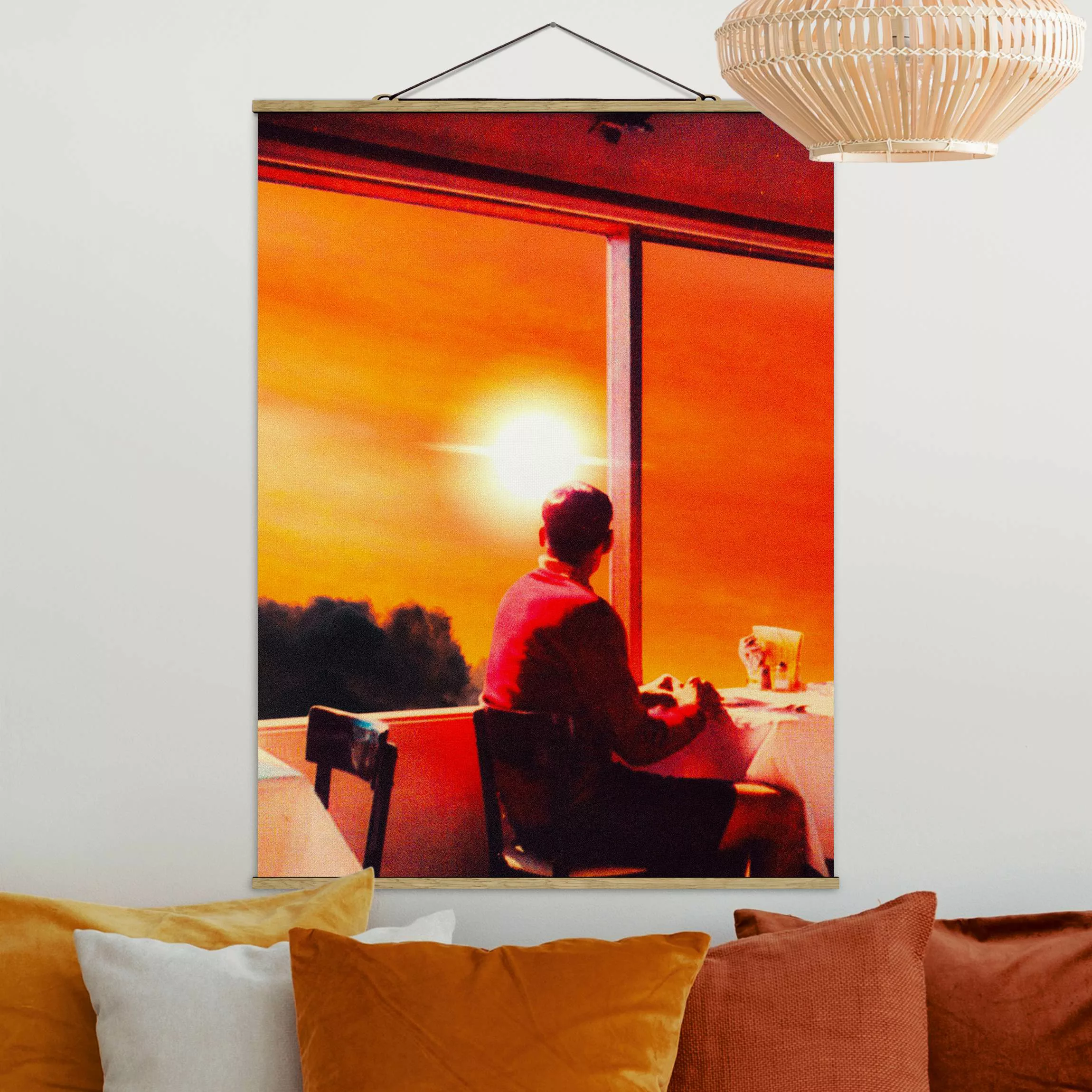 Stoffbild mit Posterleisten Retro Collage - Frühstück mit Aussicht günstig online kaufen