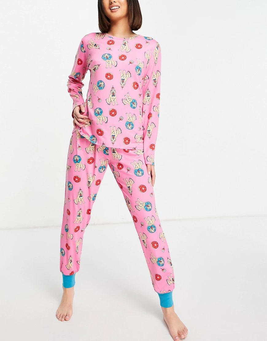 Chelsea Peers – Langer Pyjama in Rosa mit Geburtstagshunde-Print günstig online kaufen
