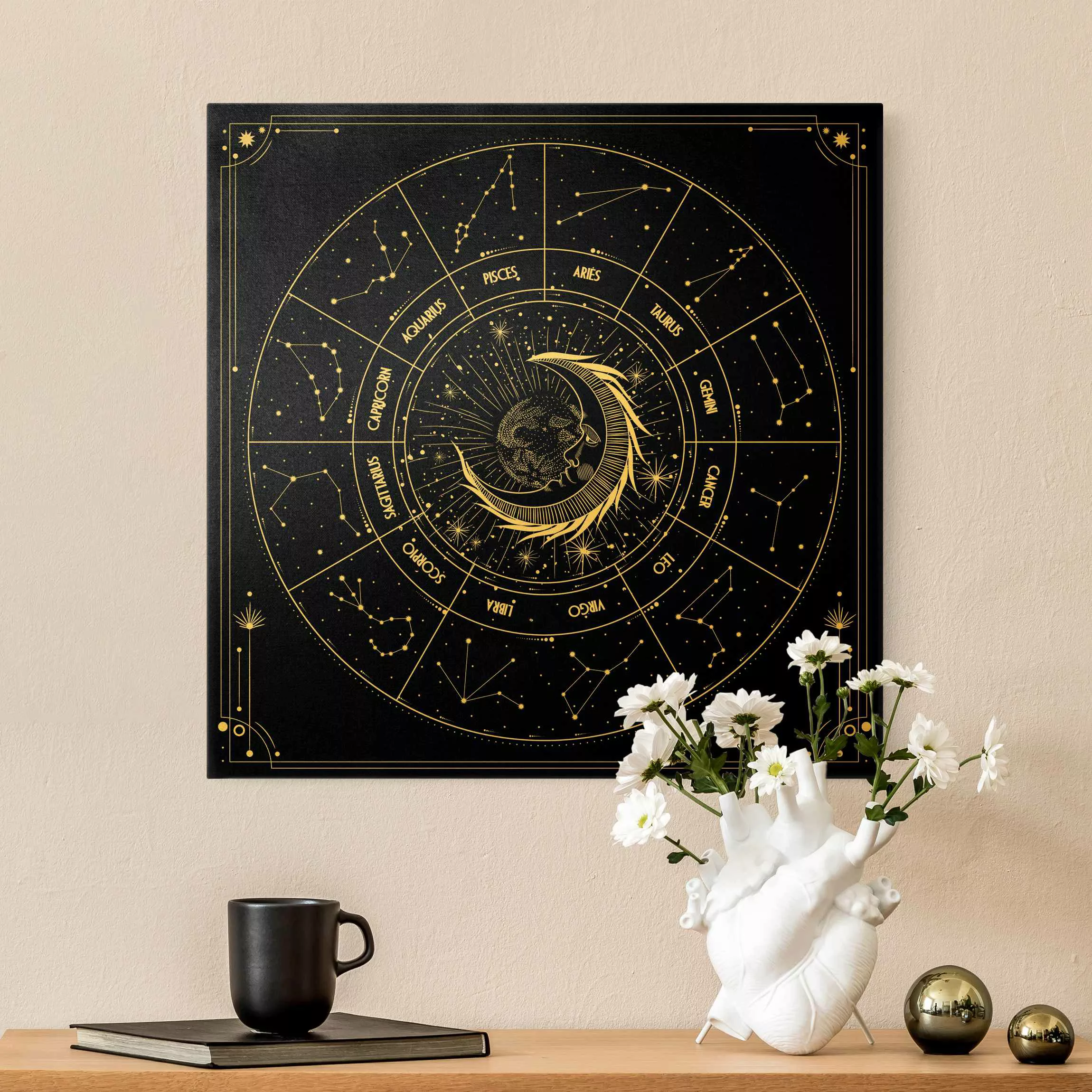 Leinwandbild Gold Astrologie Mond und Sternzeichen Schwarz günstig online kaufen
