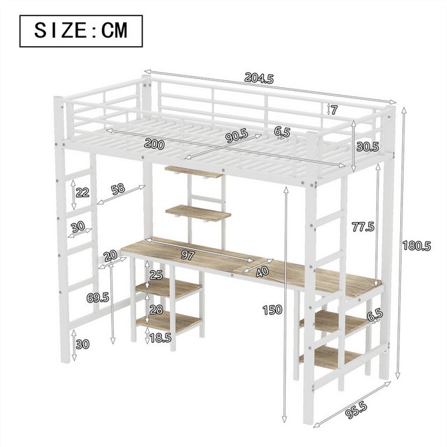 autolock Hochbett Eisenrahmenbett, Etagenbett mit Tisch und Regalen, 90x200 günstig online kaufen