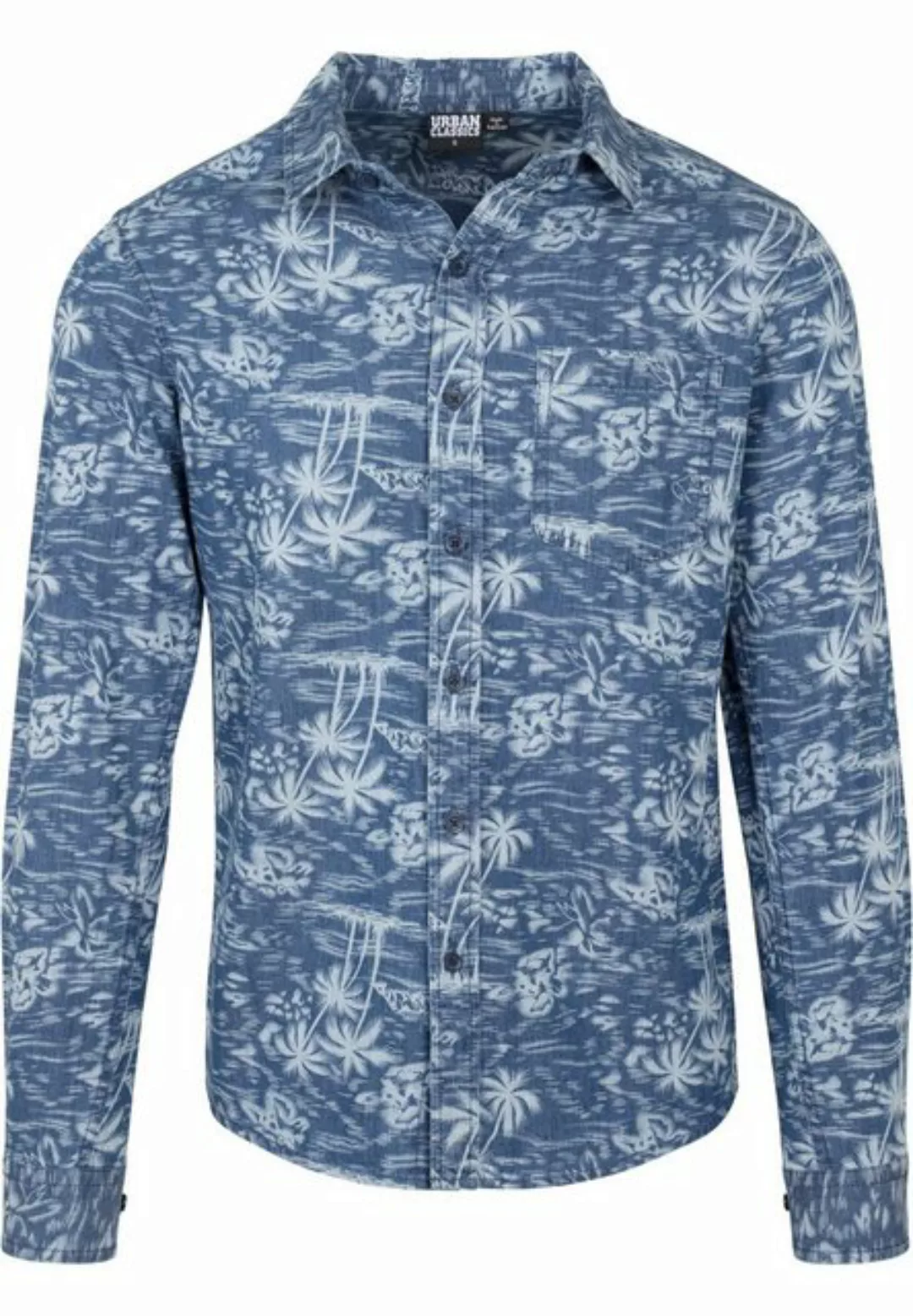 URBAN CLASSICS Langarmhemd Urban Classics Herren Printed Palm Denim Shirt ( günstig online kaufen