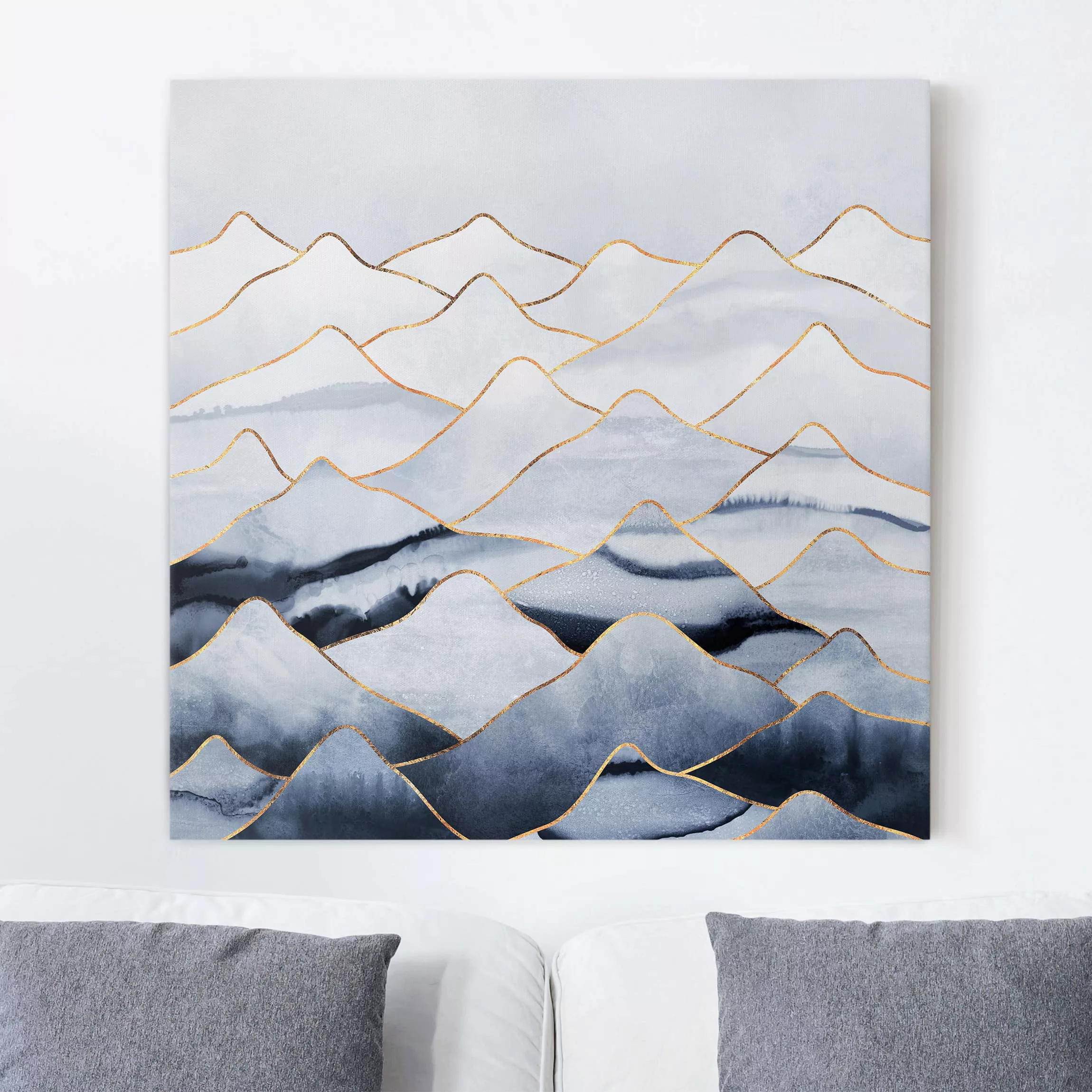 Leinwandbild Abstrakt - Quadrat Aquarell Berge Weiß Gold günstig online kaufen