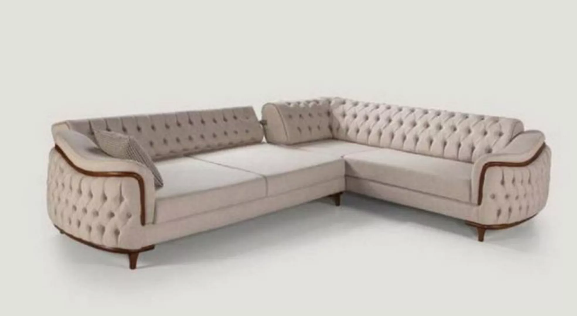 JVmoebel Ecksofa Beige Chesterfield Couch mit Holz Elementen Luxus Ecksofa günstig online kaufen