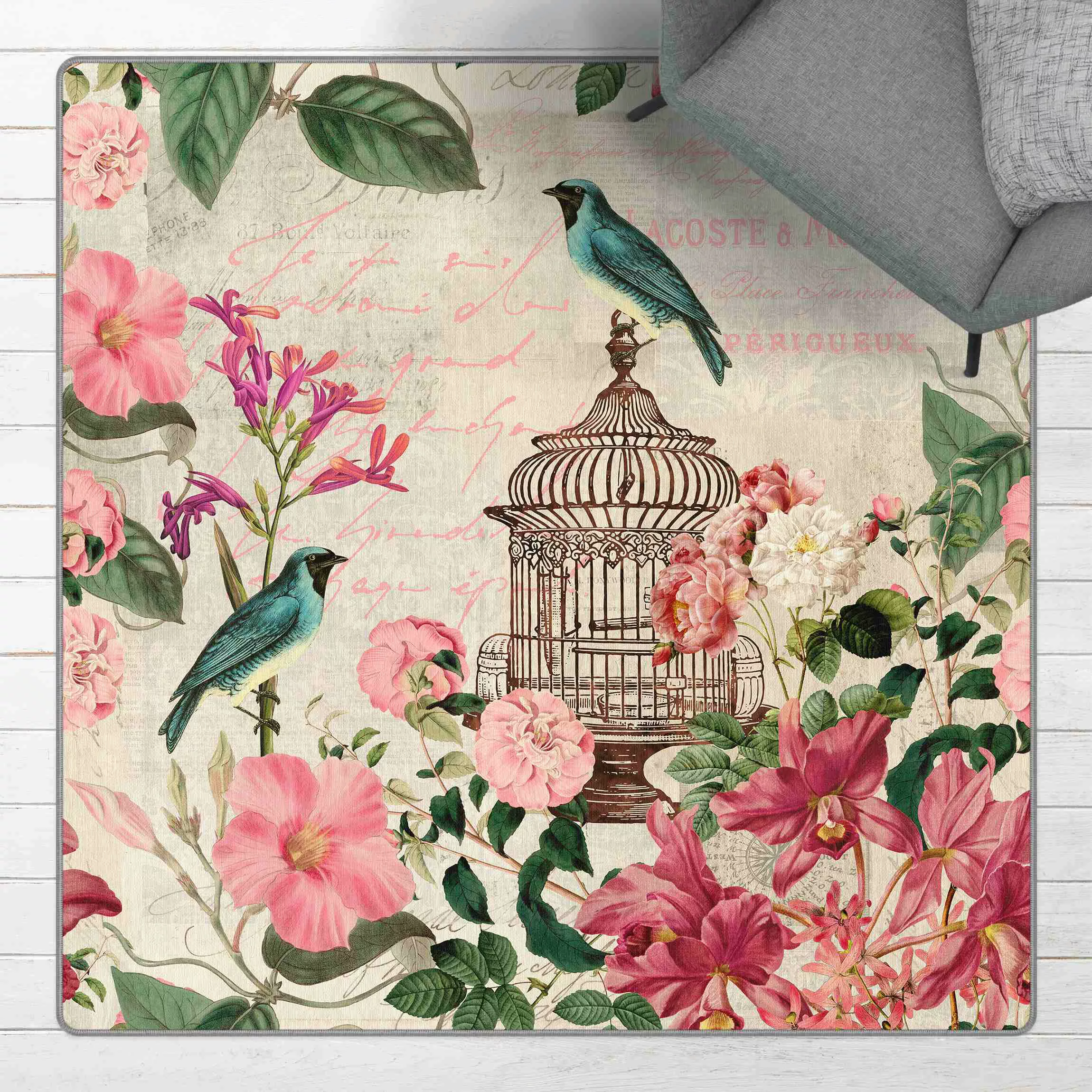 Teppich Shabby Chic Collage - Rosa Blüten und blaue Vögel günstig online kaufen