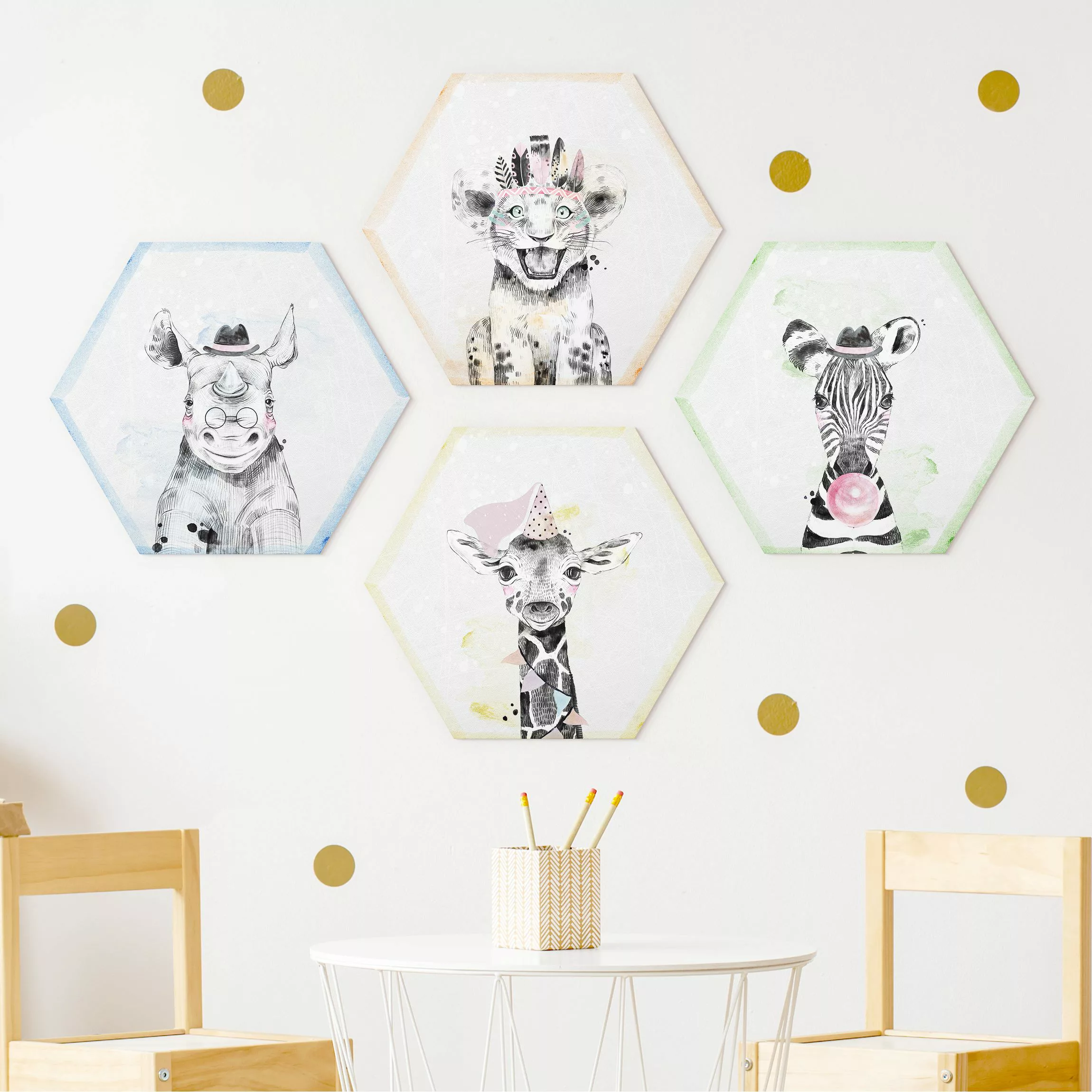 4-teiliges Hexagon-Alu-Dibond Bild Lustige Safari Tiere günstig online kaufen