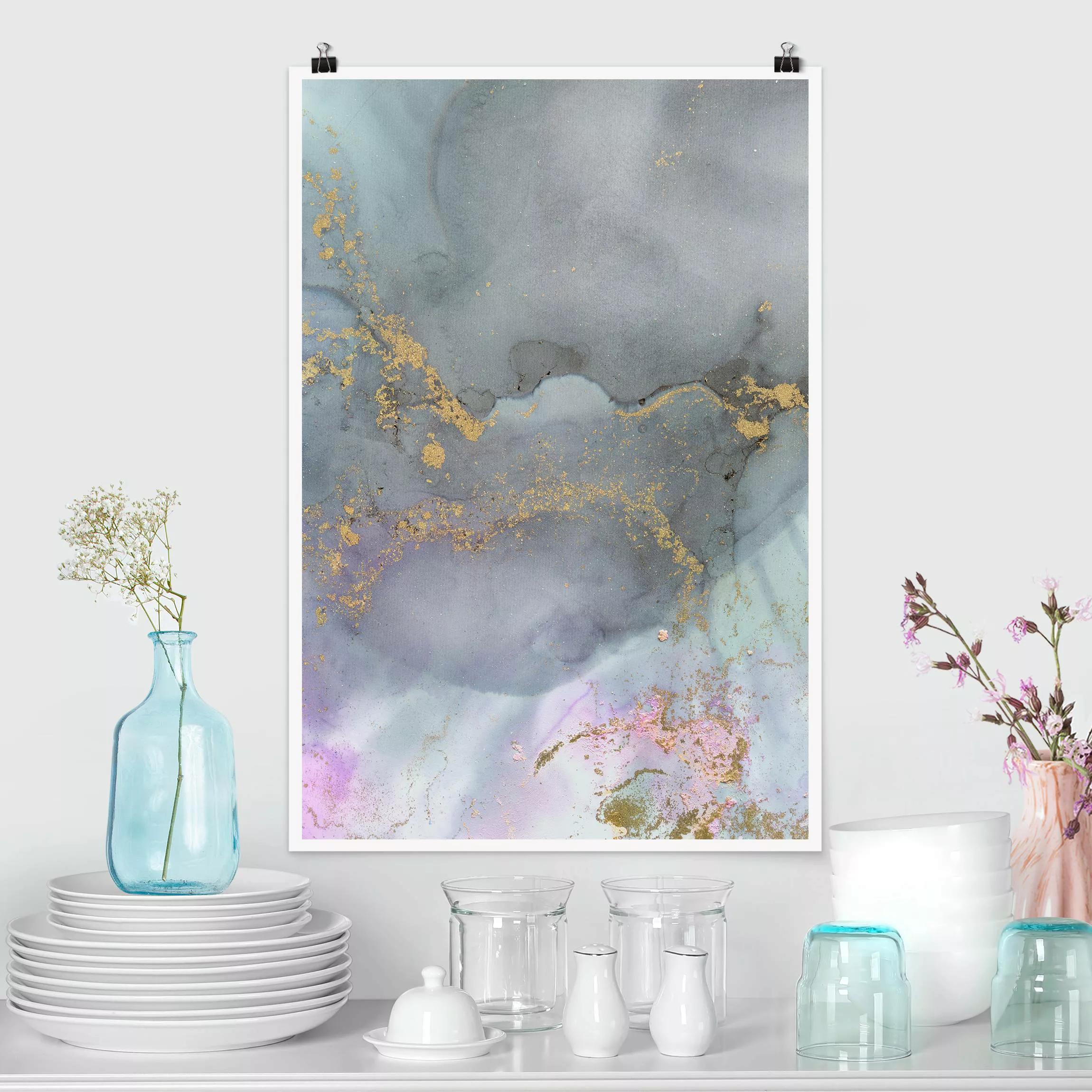 Poster Farbexperimente Marmor Regenbogen und Gold günstig online kaufen