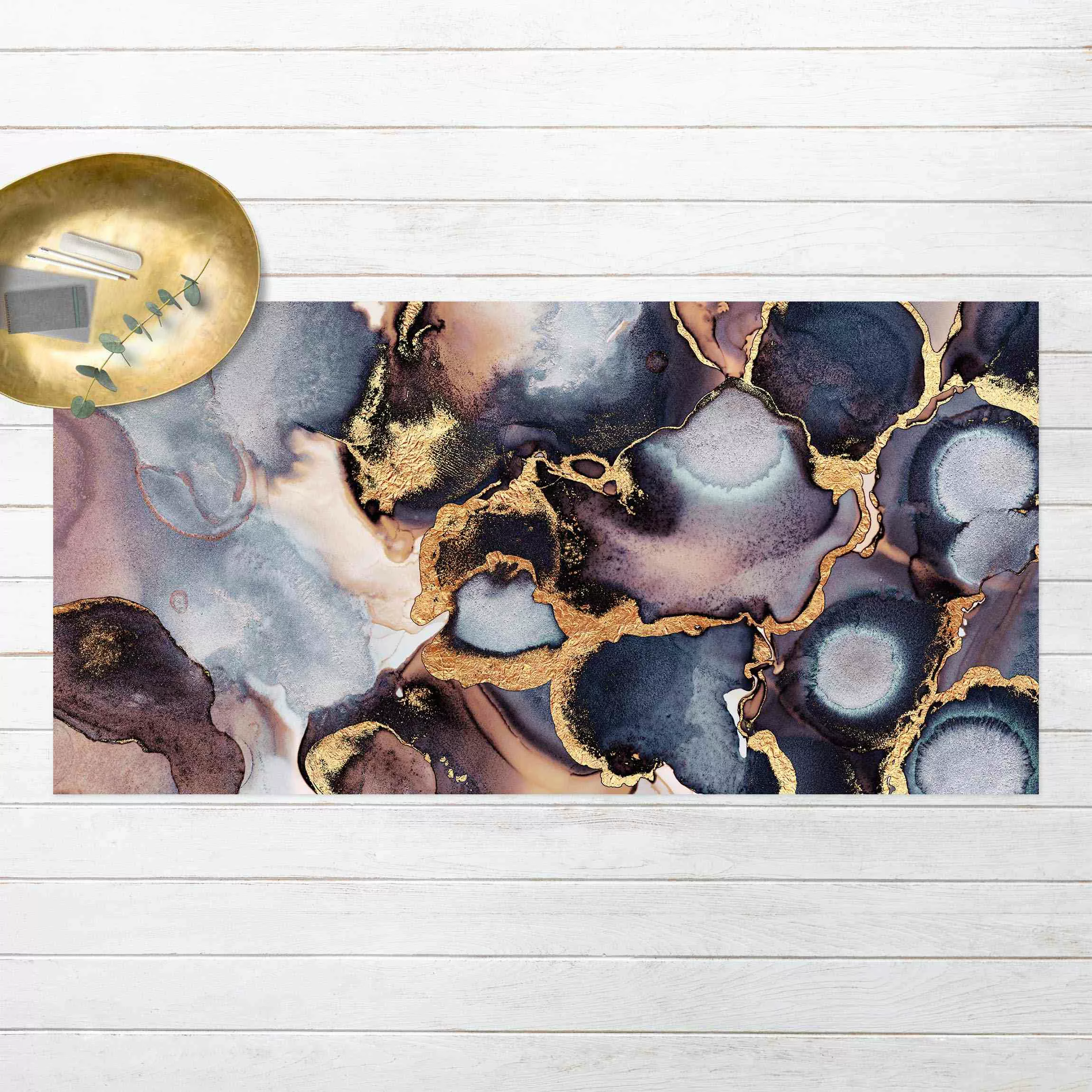 Vinyl-Teppich Marmor Aquarell mit Gold günstig online kaufen