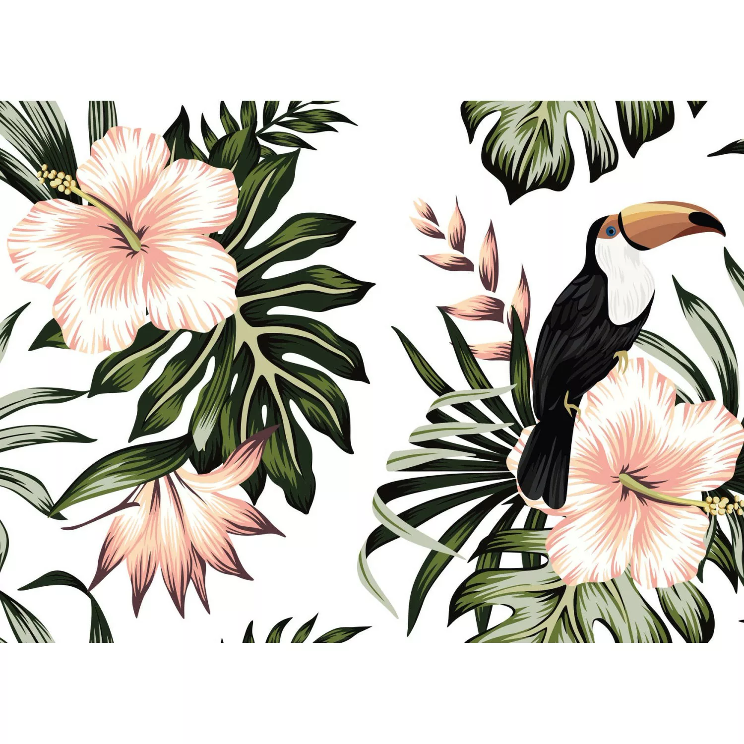 Fototapete Blumen Palmen Vögel Weiß Rosa Grün 3,50 m x 2,55 m FSC® günstig online kaufen