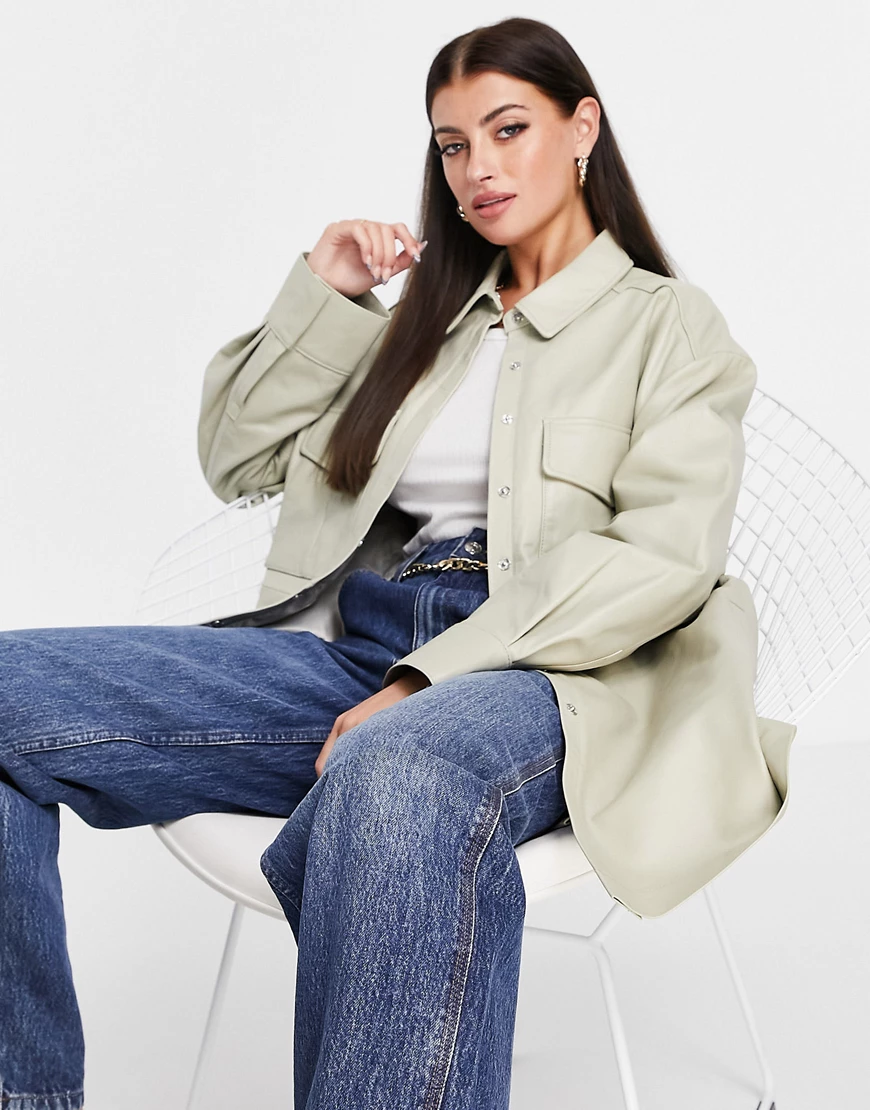 ASOS EDITION – Leder-Hemdjacke in Stein-Neutral günstig online kaufen