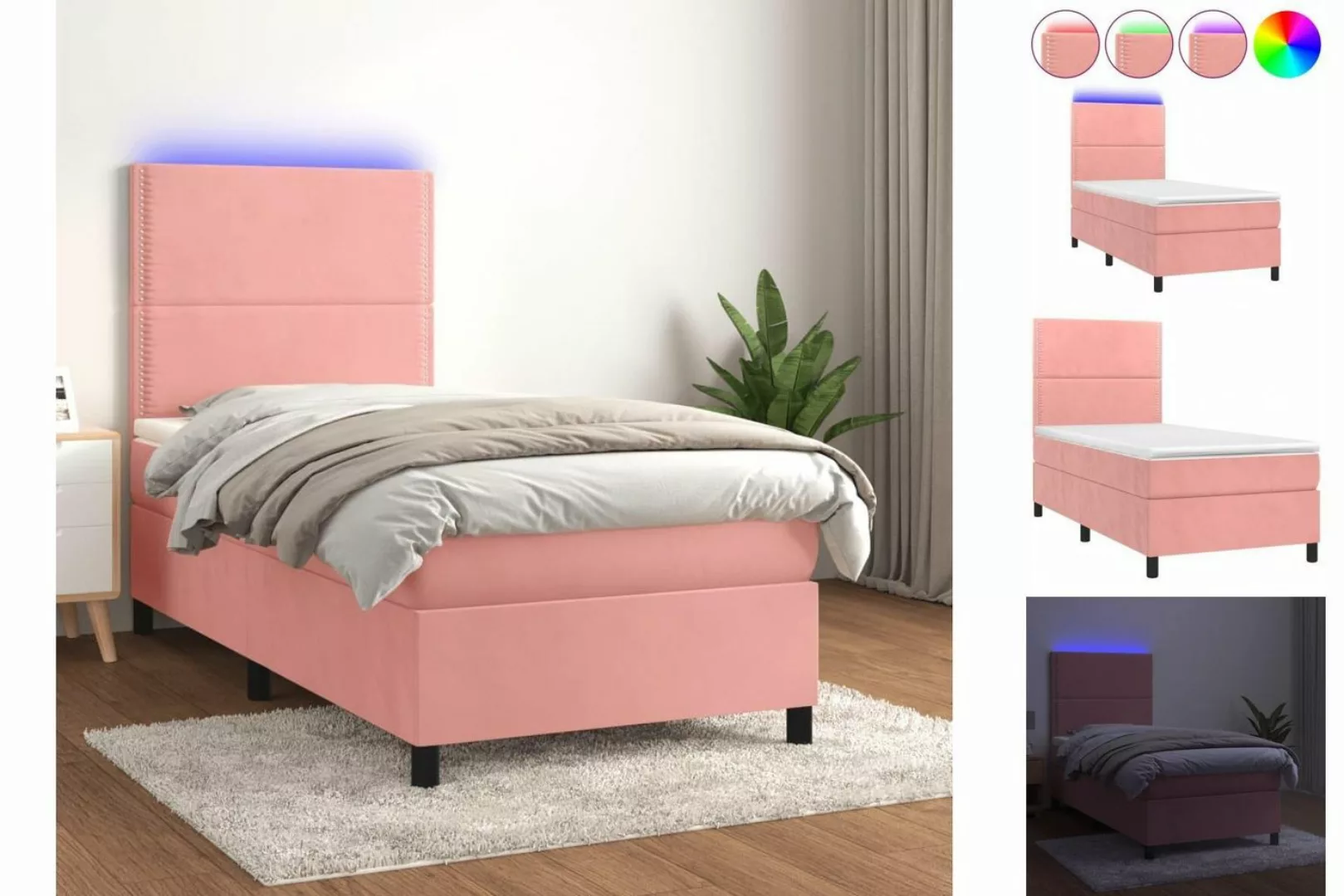 vidaXL Boxspringbett Boxspringbett mit Matratze LED Rosa 90x200 cm Samt Bet günstig online kaufen