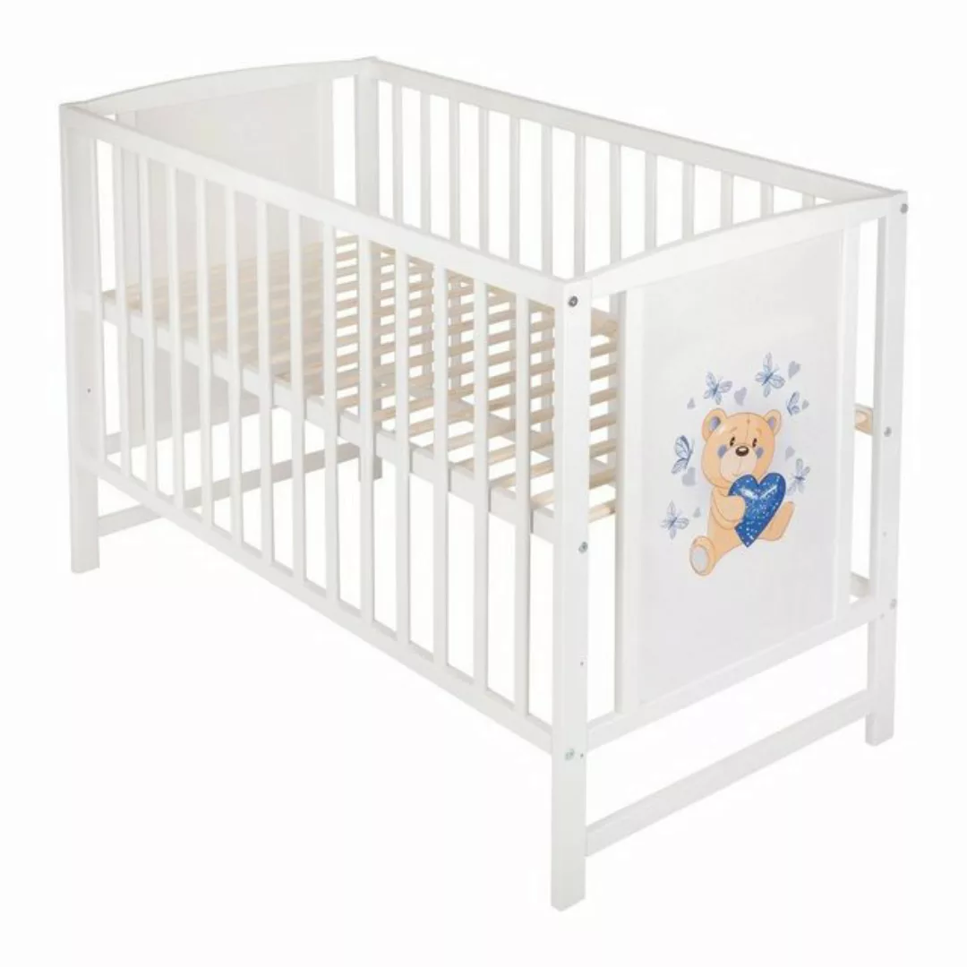 Babyhafen Babybett Kinderbett Teddybär - Herzen Blau 60 × 120 cm mit Matrat günstig online kaufen