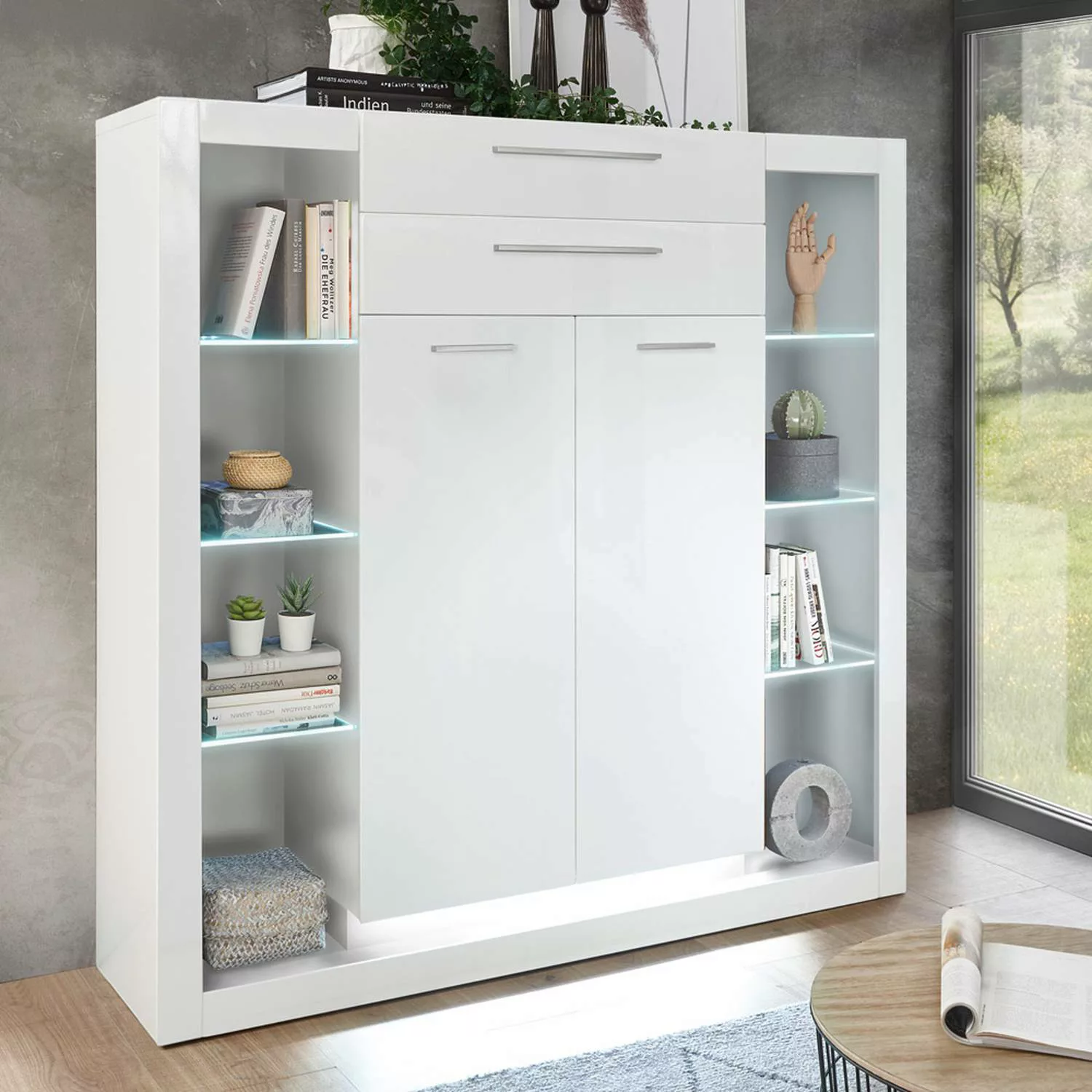 Highboard in Hochglanz weiß MAILAND-61 mit Beleuchtung B/H/T: 141/139/37cm günstig online kaufen