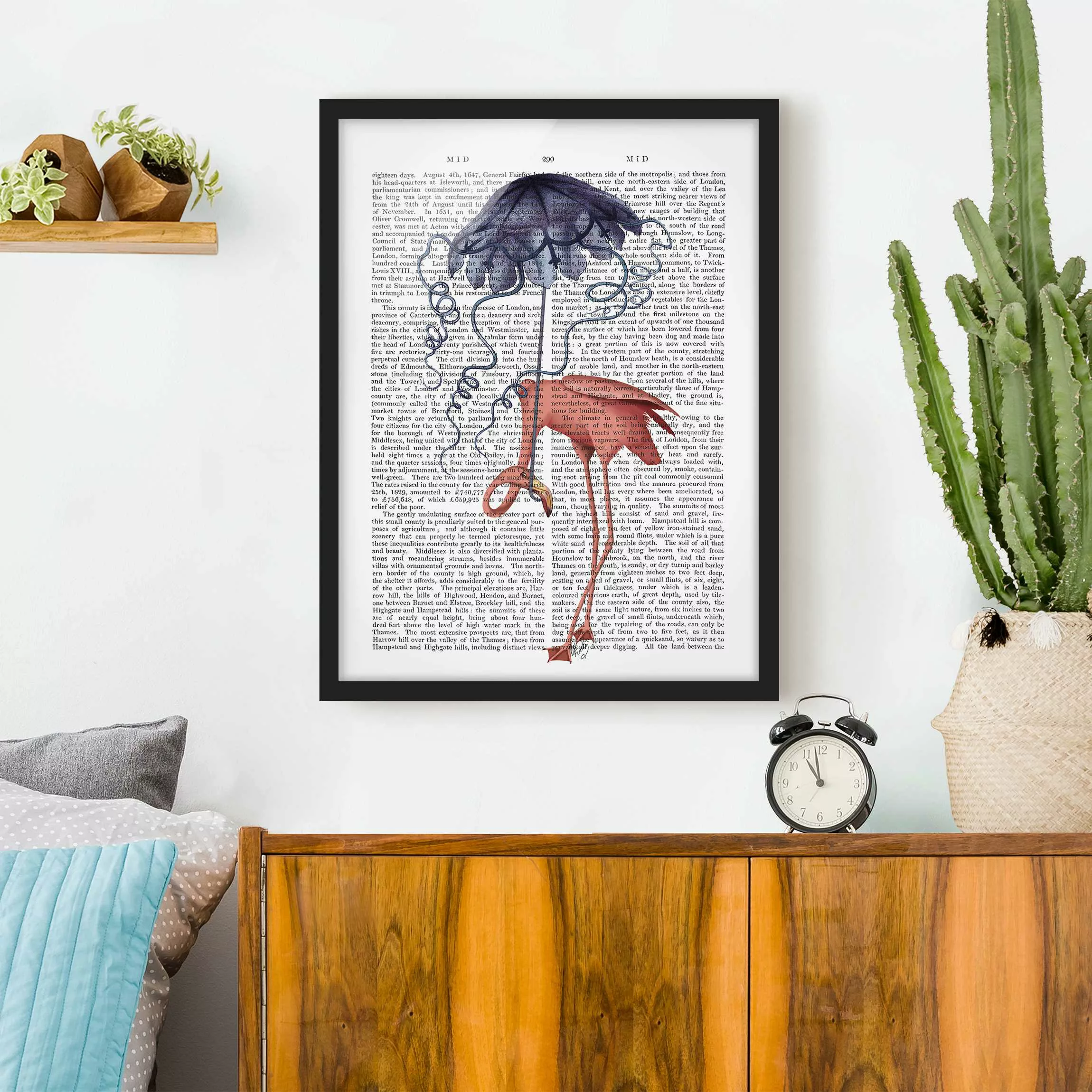 Bild mit Rahmen - Hochformat Tierlektüre - Flamingo mit Regenschirm günstig online kaufen