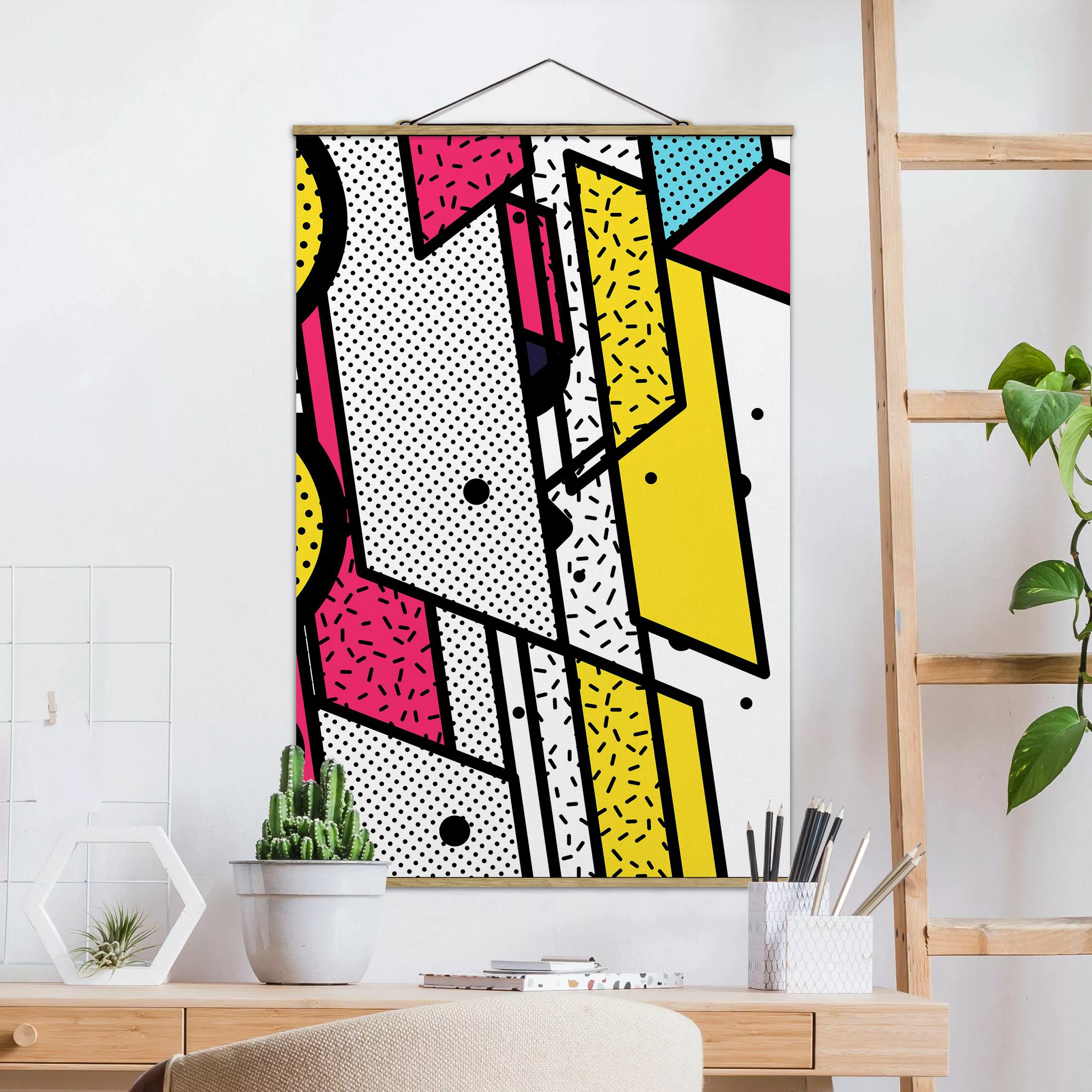 Stoffbild mit Posterleisten Komposition Neo Memphis Pink und Gelb günstig online kaufen