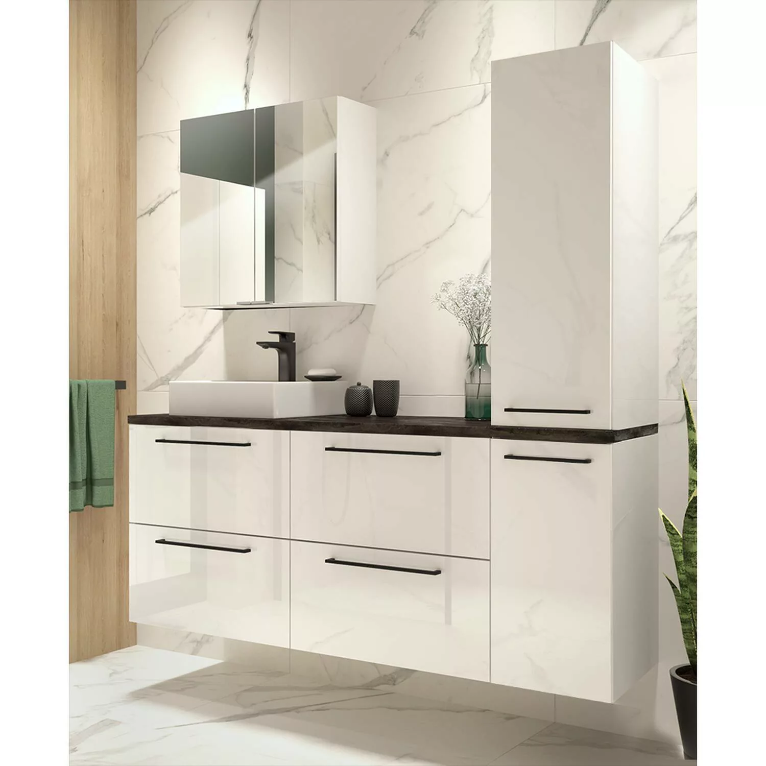 Badezimmer Set in weiß Hochglanz mit Metallgriffen in schwarz und Waschtisc günstig online kaufen