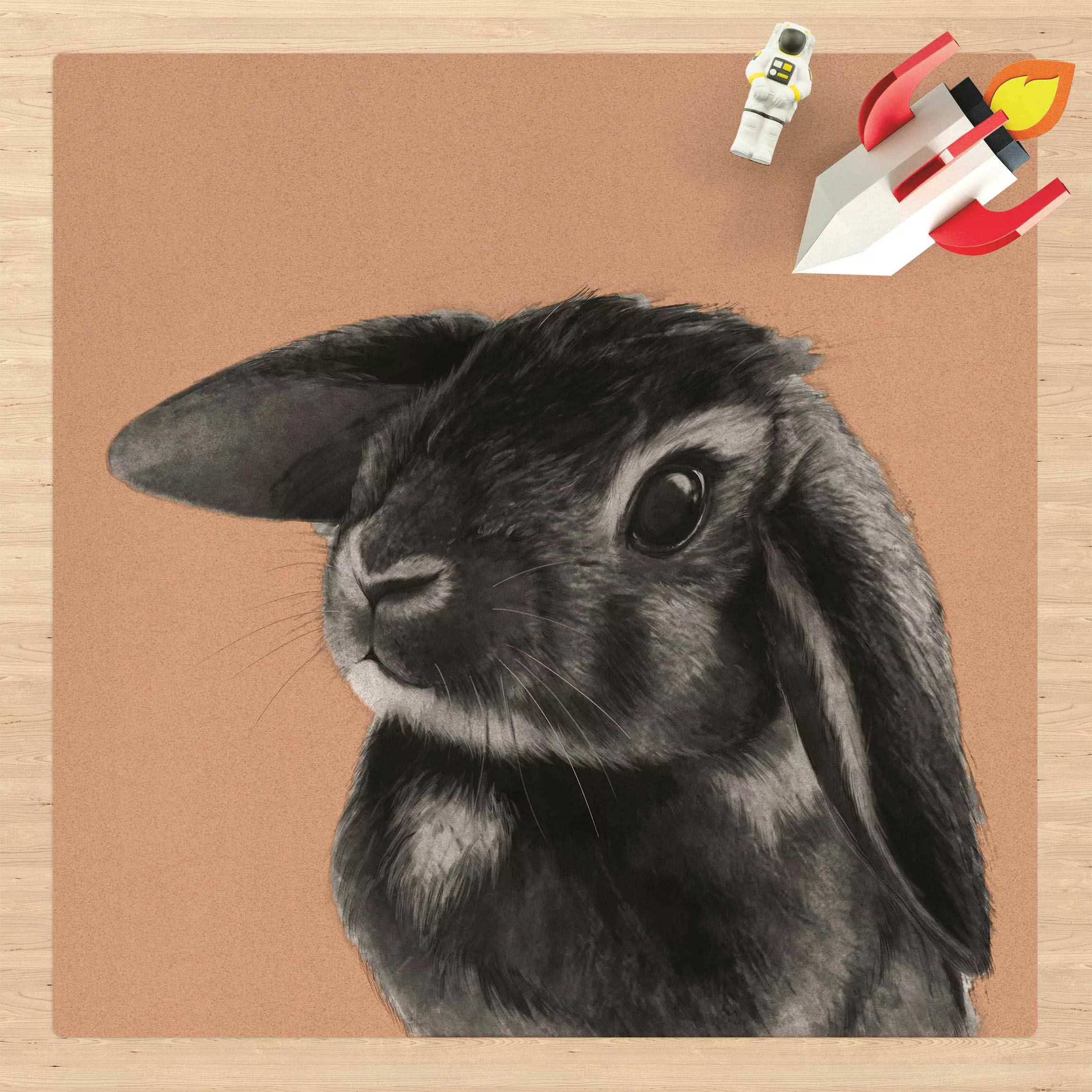 Kork-Teppich Illustration Hase Schwarz Weiß Zeichnung günstig online kaufen