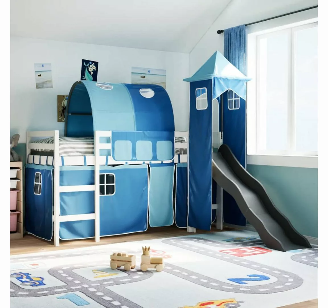 vidaXL Bett, Kinderhochbett mit Turm Blau 80x200 cm Massivholz Kiefer günstig online kaufen