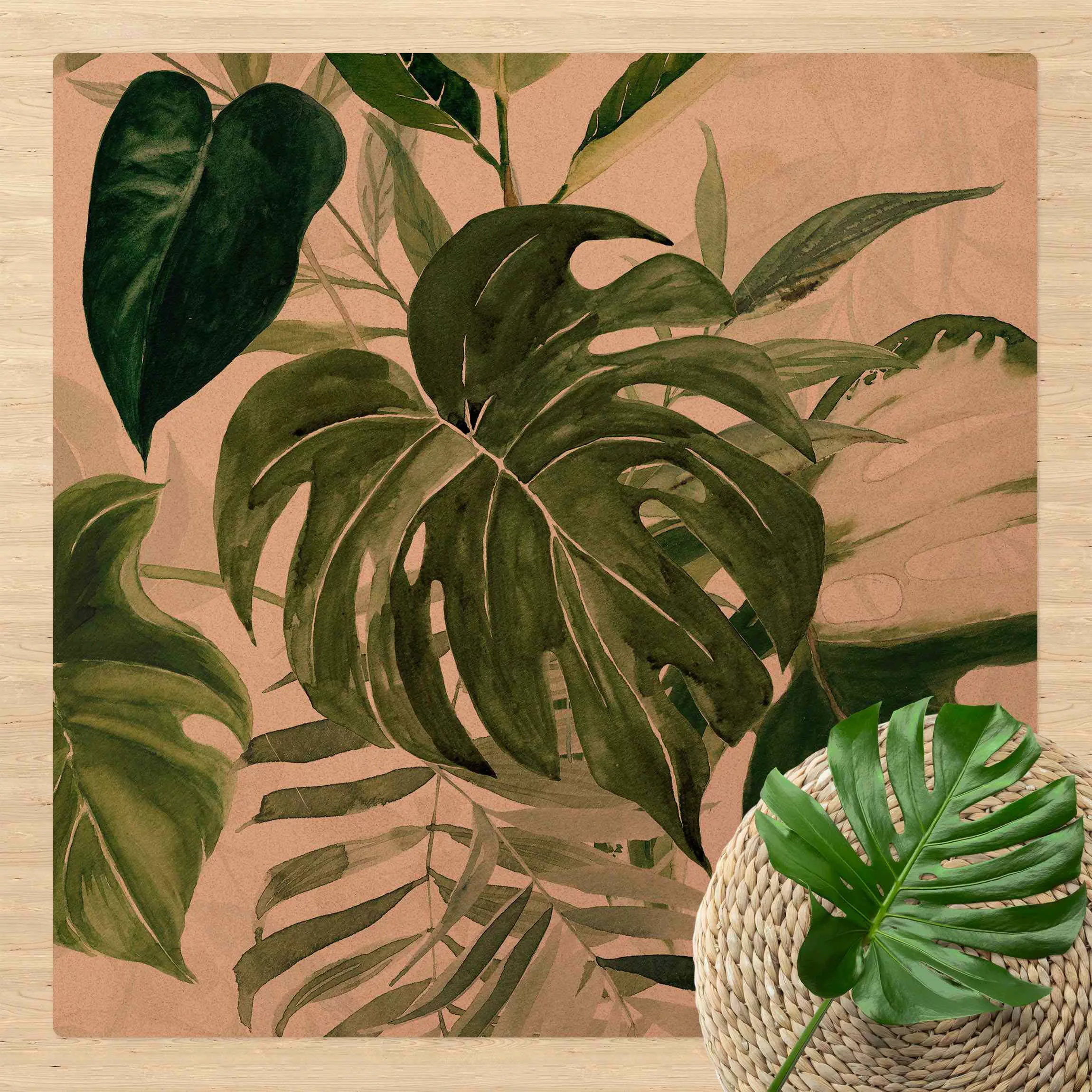 Kork-Teppich Aquarell Tropisches Arrangement mit Monstera günstig online kaufen