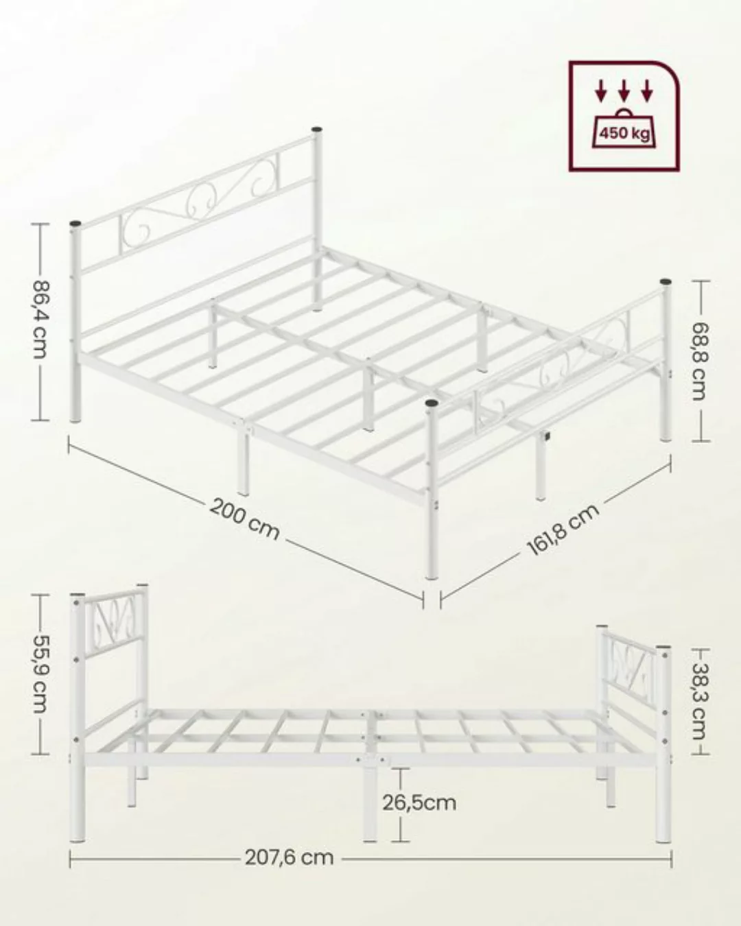 VASAGLE Bettgestell, Doppelbettgestell, passend für 200 x 160 cm Matratze günstig online kaufen