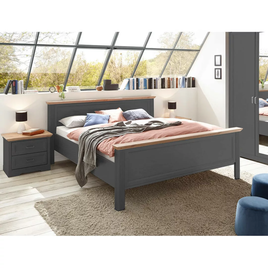 Schlafzimmer Set 3-teilig Bett 180x200cm Graphit mit Eiche JÜLICH-77 günstig online kaufen