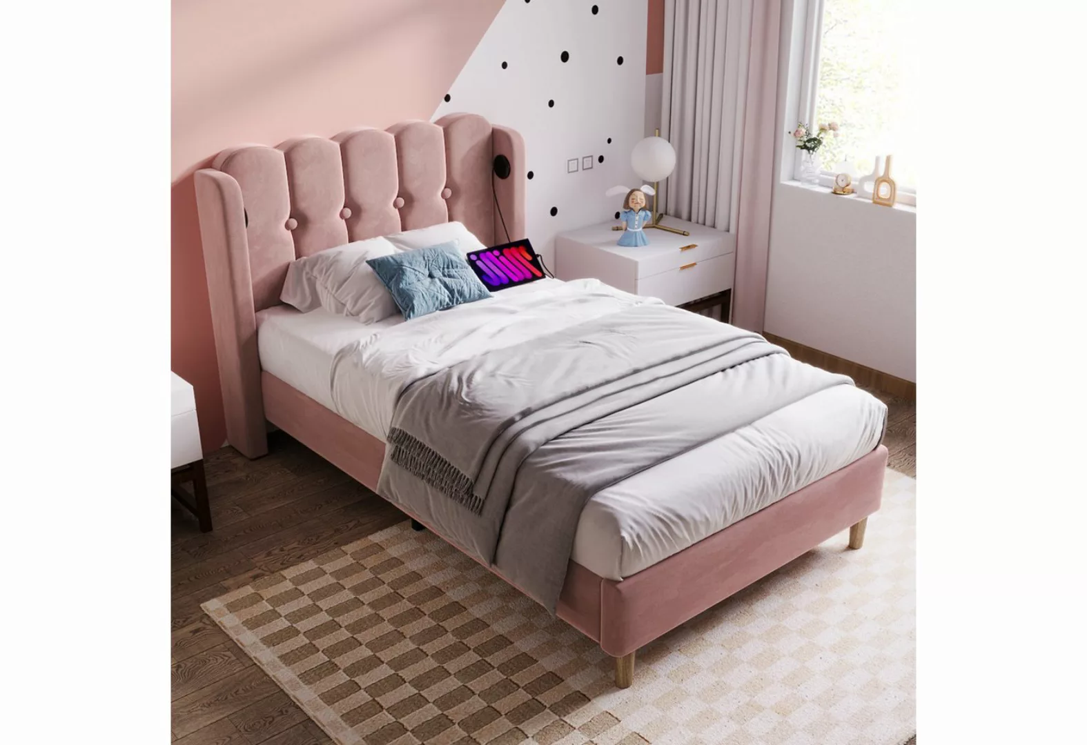 MODFU Polsterbett Einzelbett mit USB Typ C Ladefunktion (90 x 200 cm Bettge günstig online kaufen