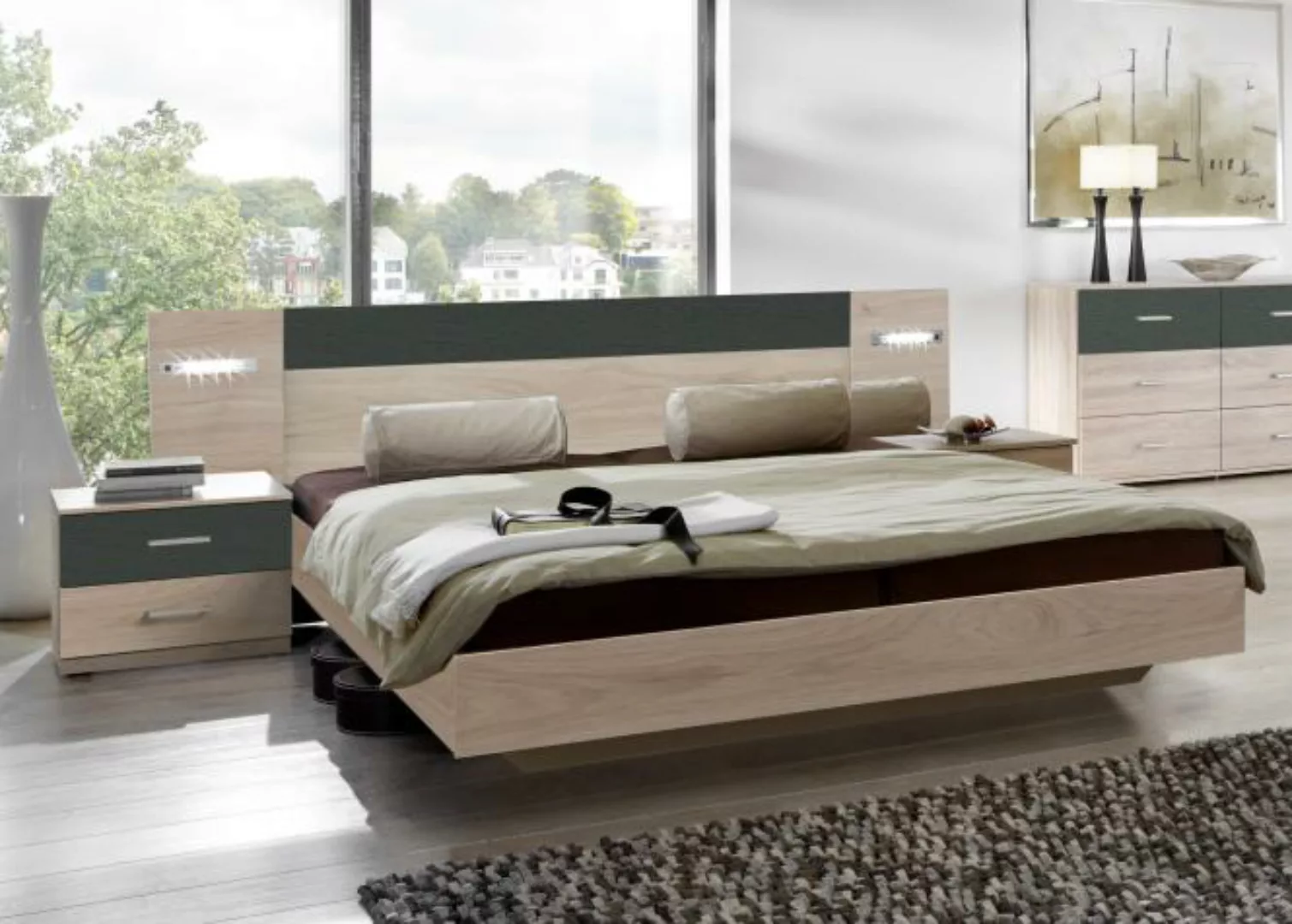 140x200 Schlafzimmerset ANGIE inkl. LED-Beleuchtung und 2 Nachtkommoden von günstig online kaufen
