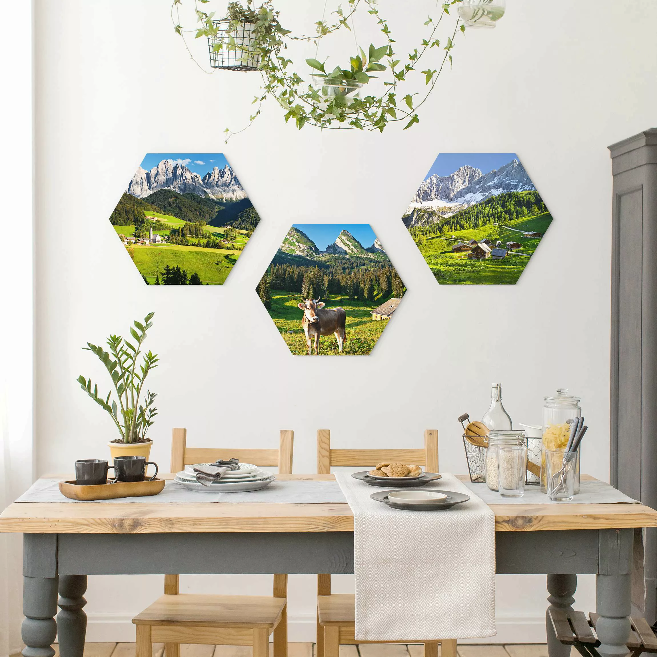 3-teiliges Hexagon-Alu-Dibond Bild Almwiesen günstig online kaufen