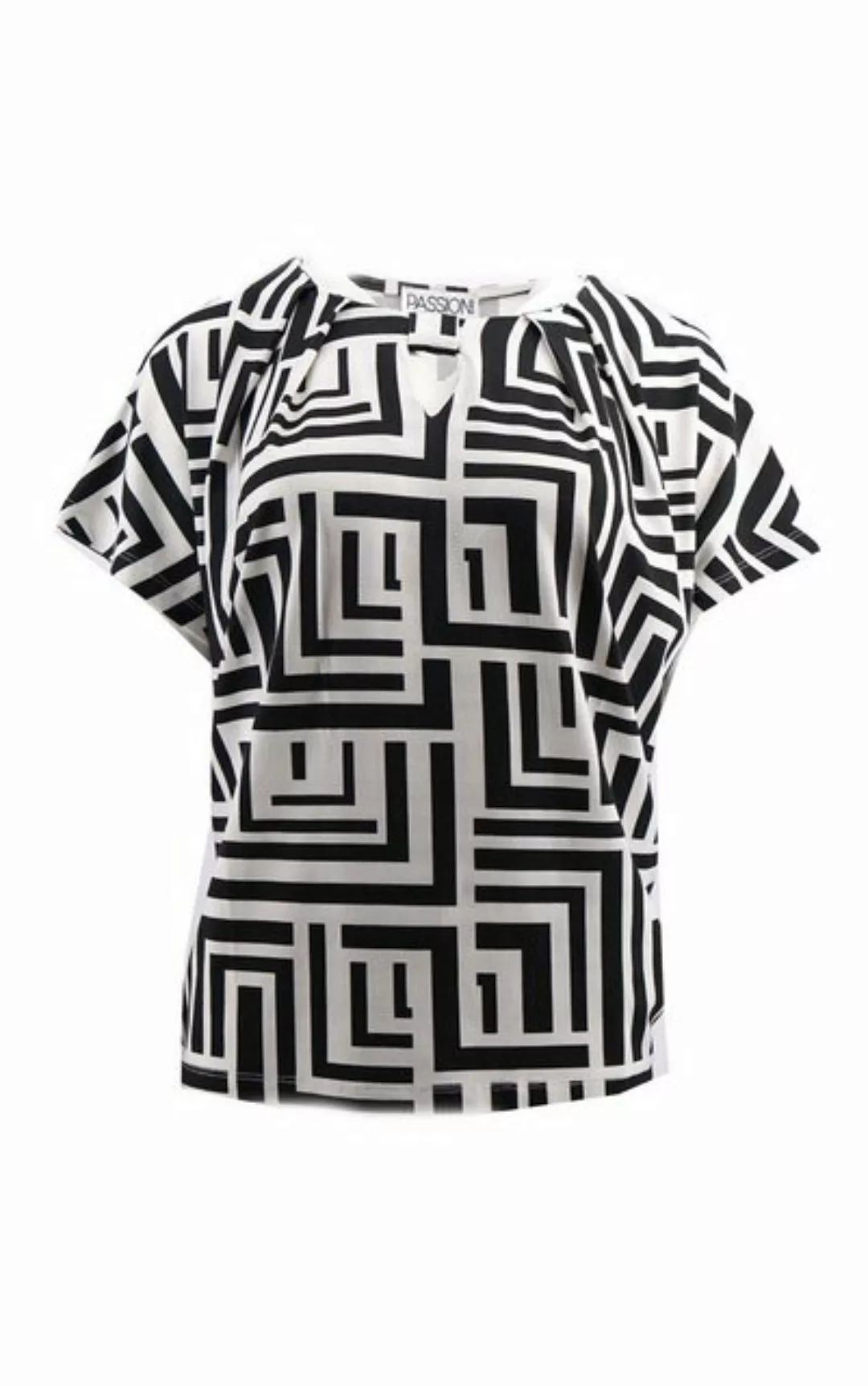 Passioni Print-Shirt Schwarz-weißes T-Shirt mit Kasten Print und Dekolletee günstig online kaufen