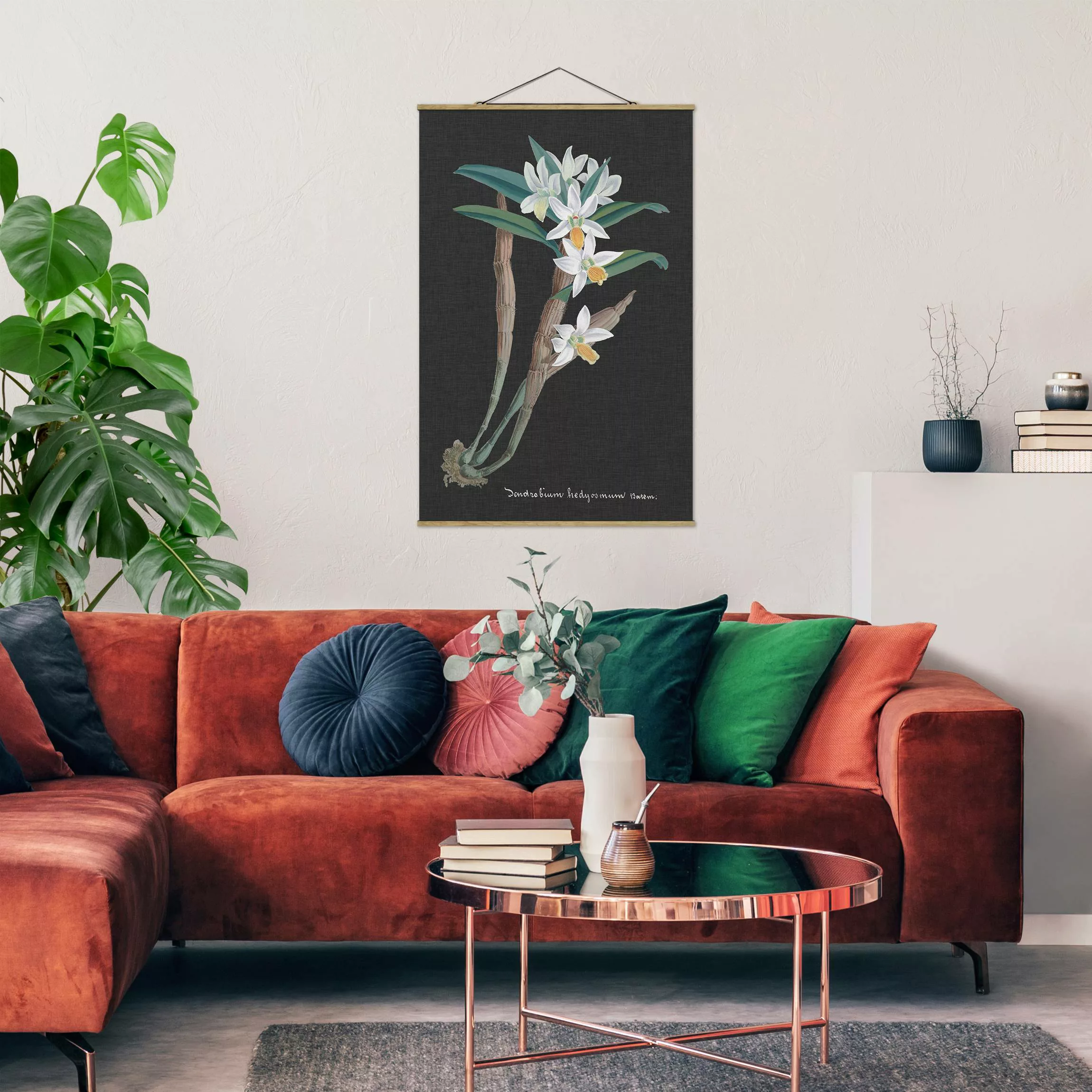 Stoffbild Blumen mit Posterleisten - Hochformat Weiße Orchidee auf Leinen I günstig online kaufen