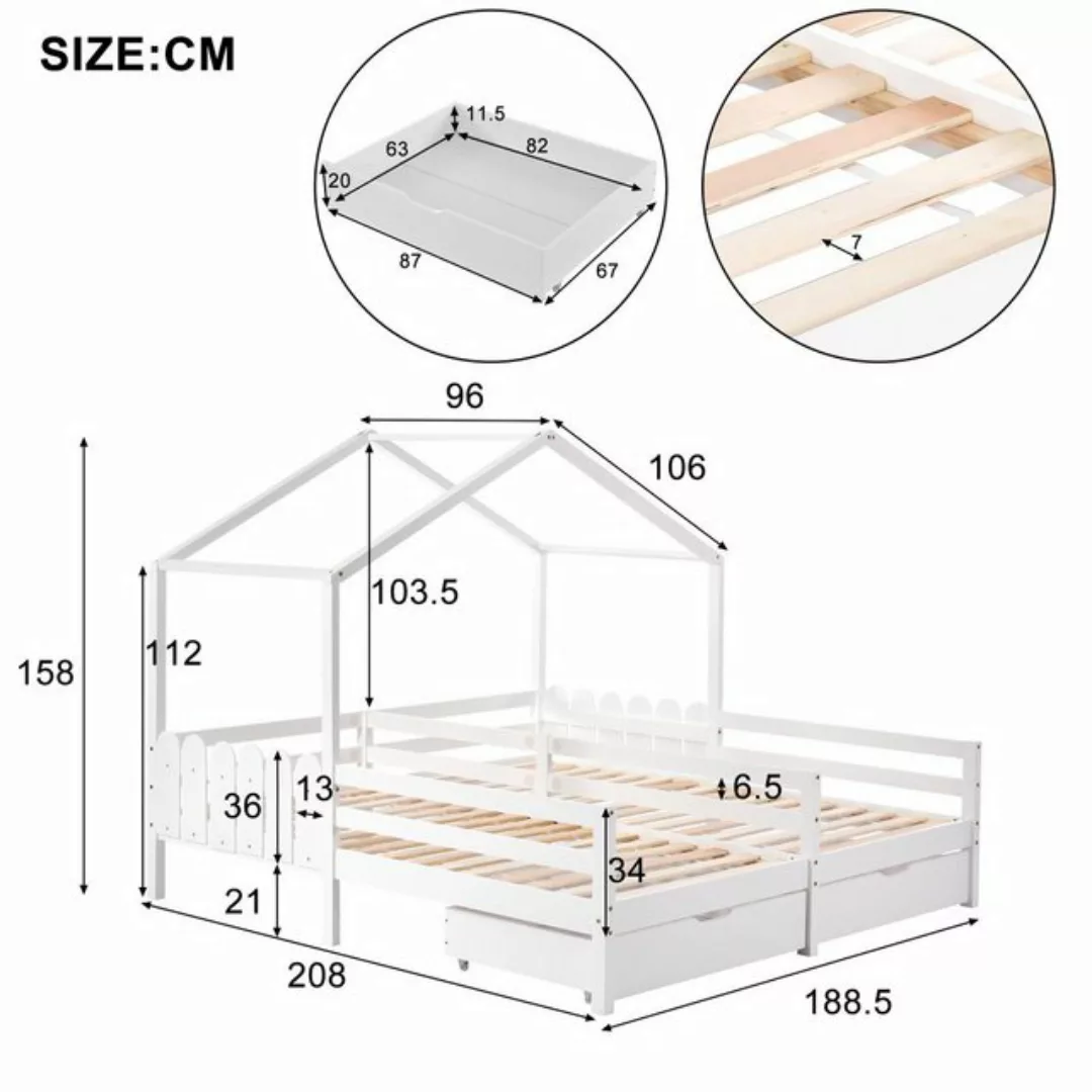 Flieks Massivholzbett, Hausbett Kinderbett Doppelbett 2 Schubladen 200x90cm günstig online kaufen