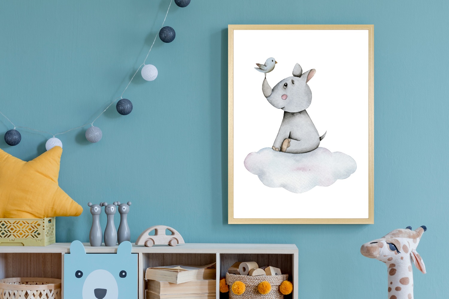queence Bild mit Rahmen »Nashorn mit Vogel auf Wolke«, Fantasy-Himmel-Himme günstig online kaufen