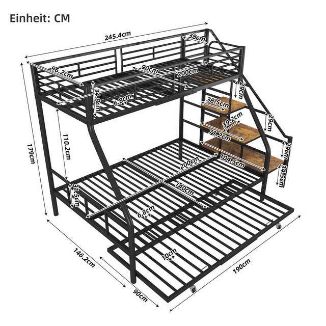 Flieks Etagenbett, Dreierbett Metallbett 90x200cm+140x200cm mit Ausziehbett günstig online kaufen