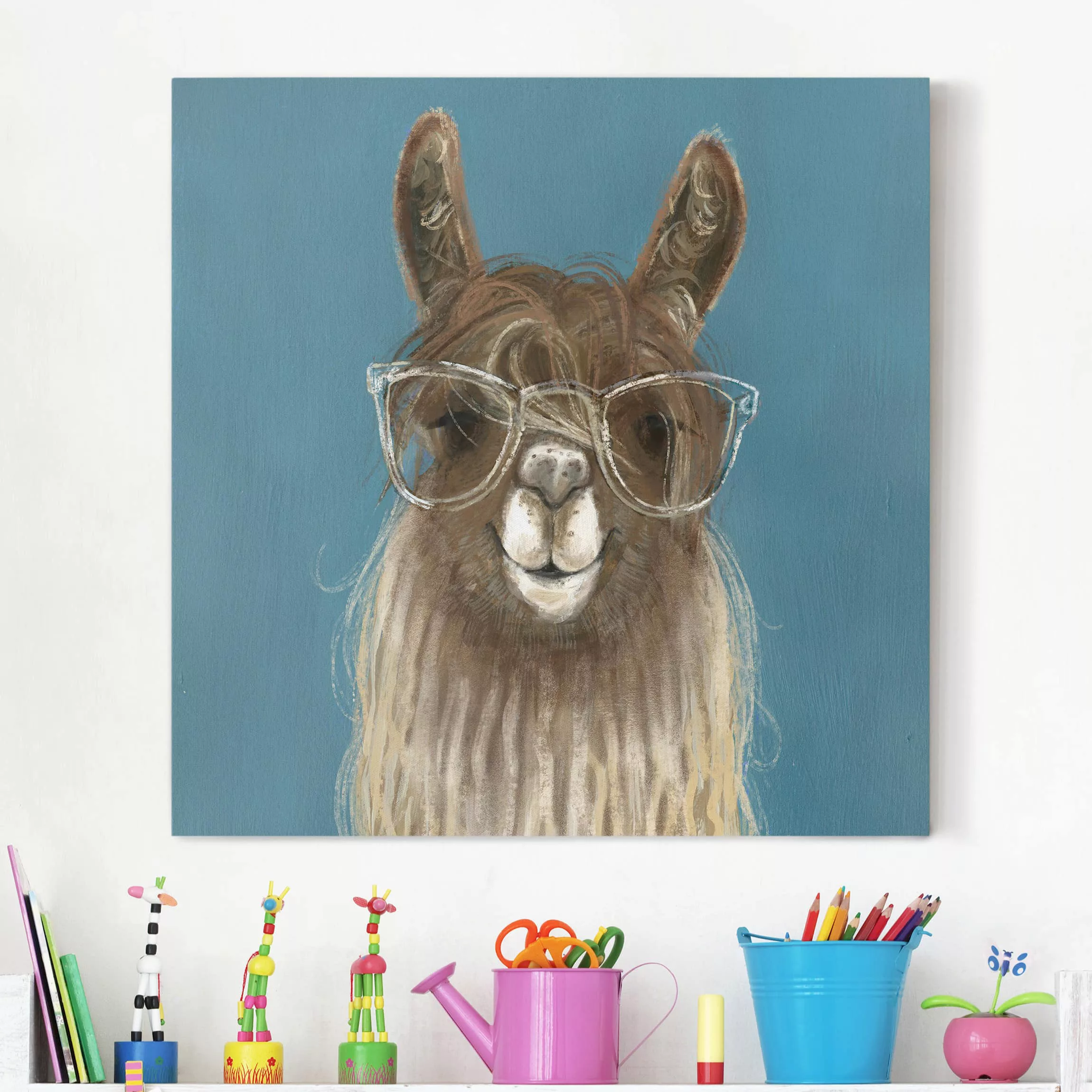 Leinwandbild Tiere - Quadrat Lama mit Brille III günstig online kaufen