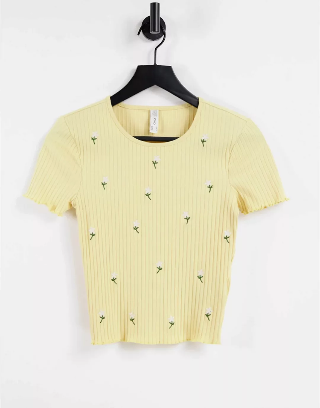 Only – Kurz geschnittenes, geripptes T-Shirt aus Bio-Baumwolle mit Blumenst günstig online kaufen
