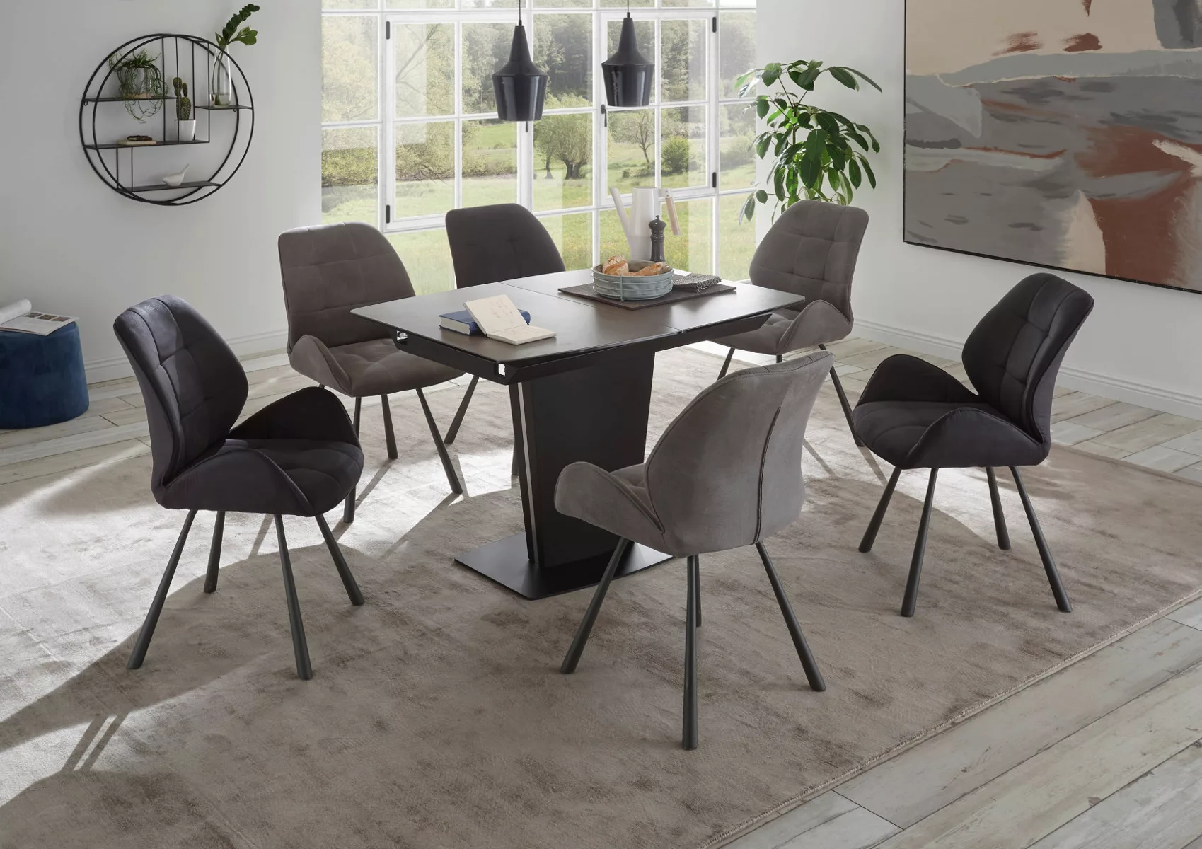Essgruppe Keramik 7-teilig Tisch Stühle 4x hell und 2x dunkel grau Ferrara günstig online kaufen