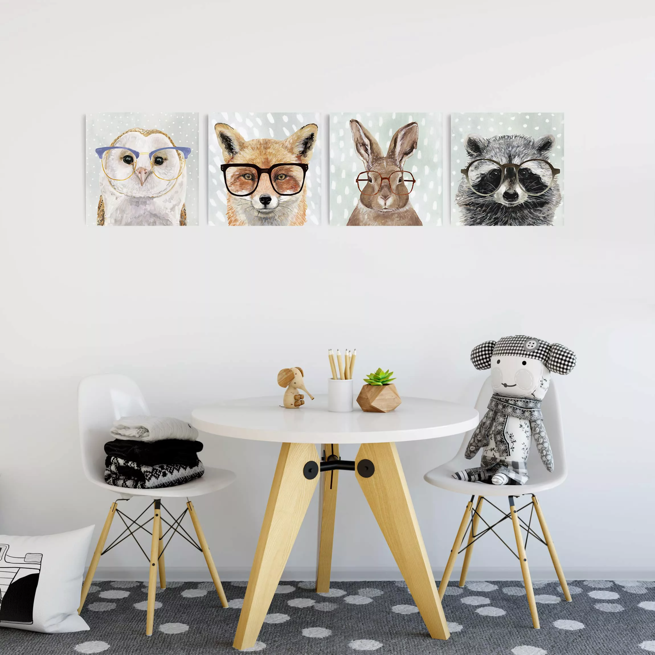 4-teiliges Leinwandbild Kinderzimmer - Quadrat Bebrillte Tiere Set II günstig online kaufen