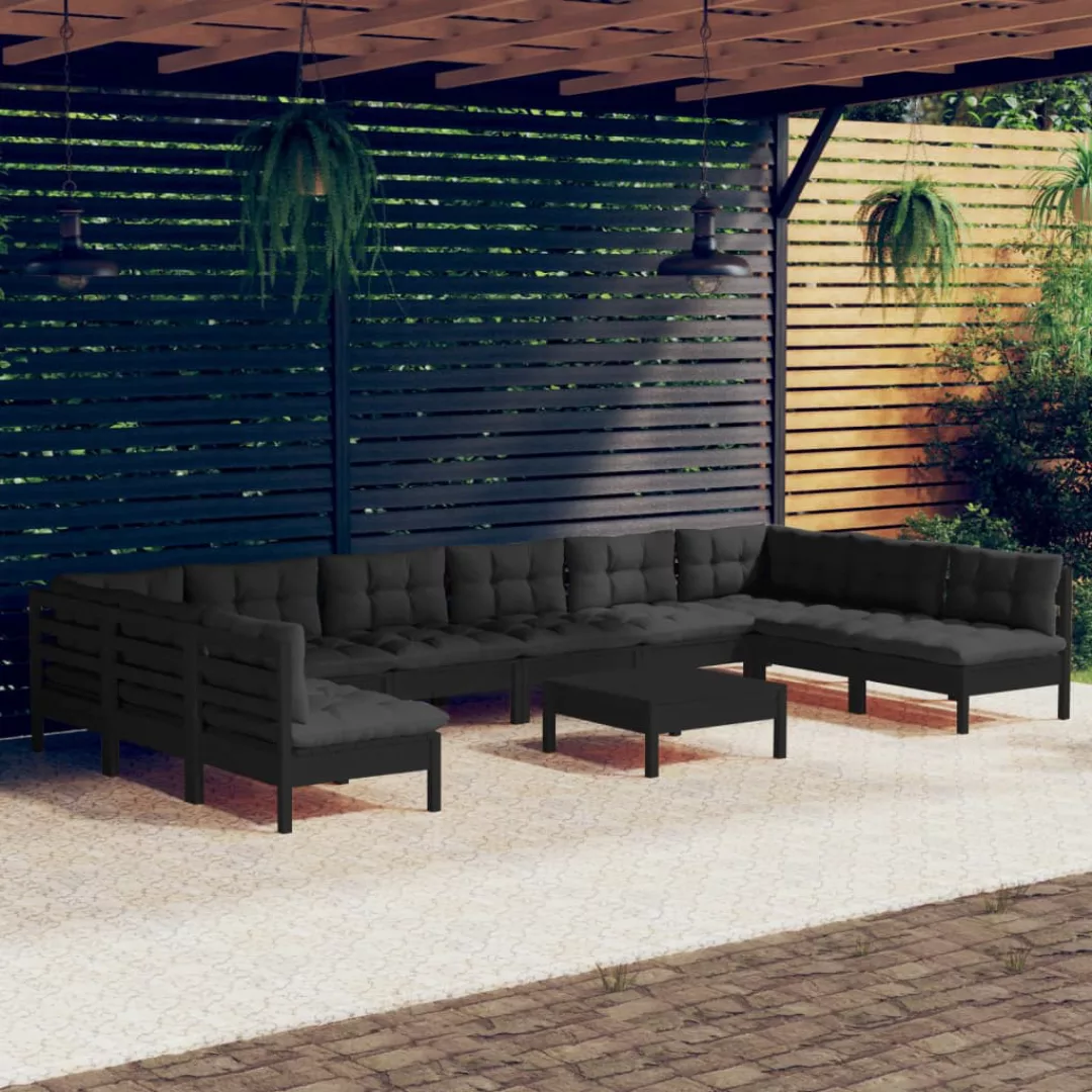 11-tlg. Garten-lounge-set Mit Kissen Schwarz Kiefer Massivholz günstig online kaufen